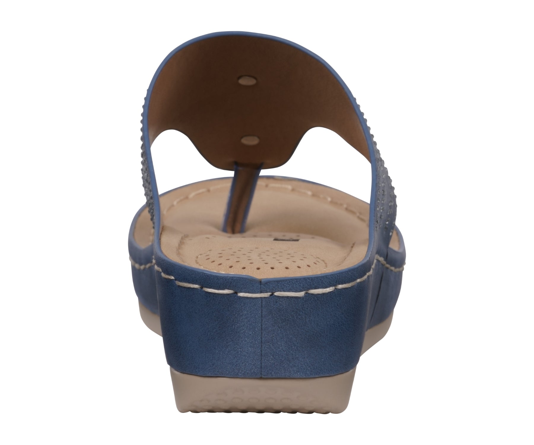 Blue sandal with beige sole on a white background