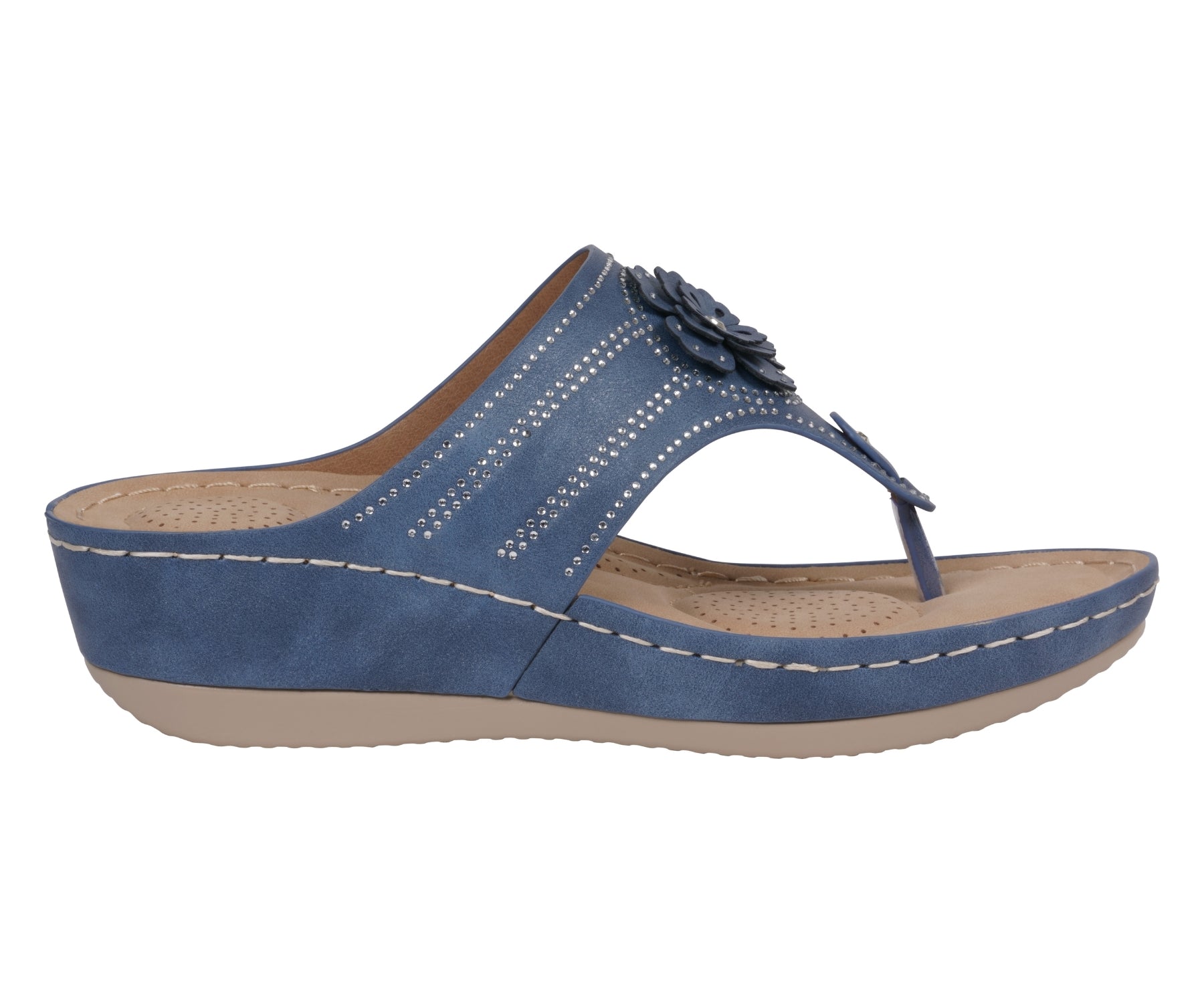 Blue sandal with a flower detail on a white background