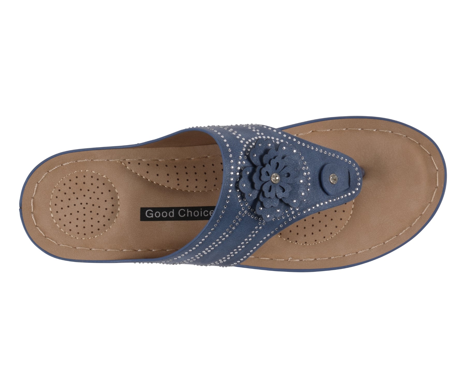 Blue sandal with floral design on a white background