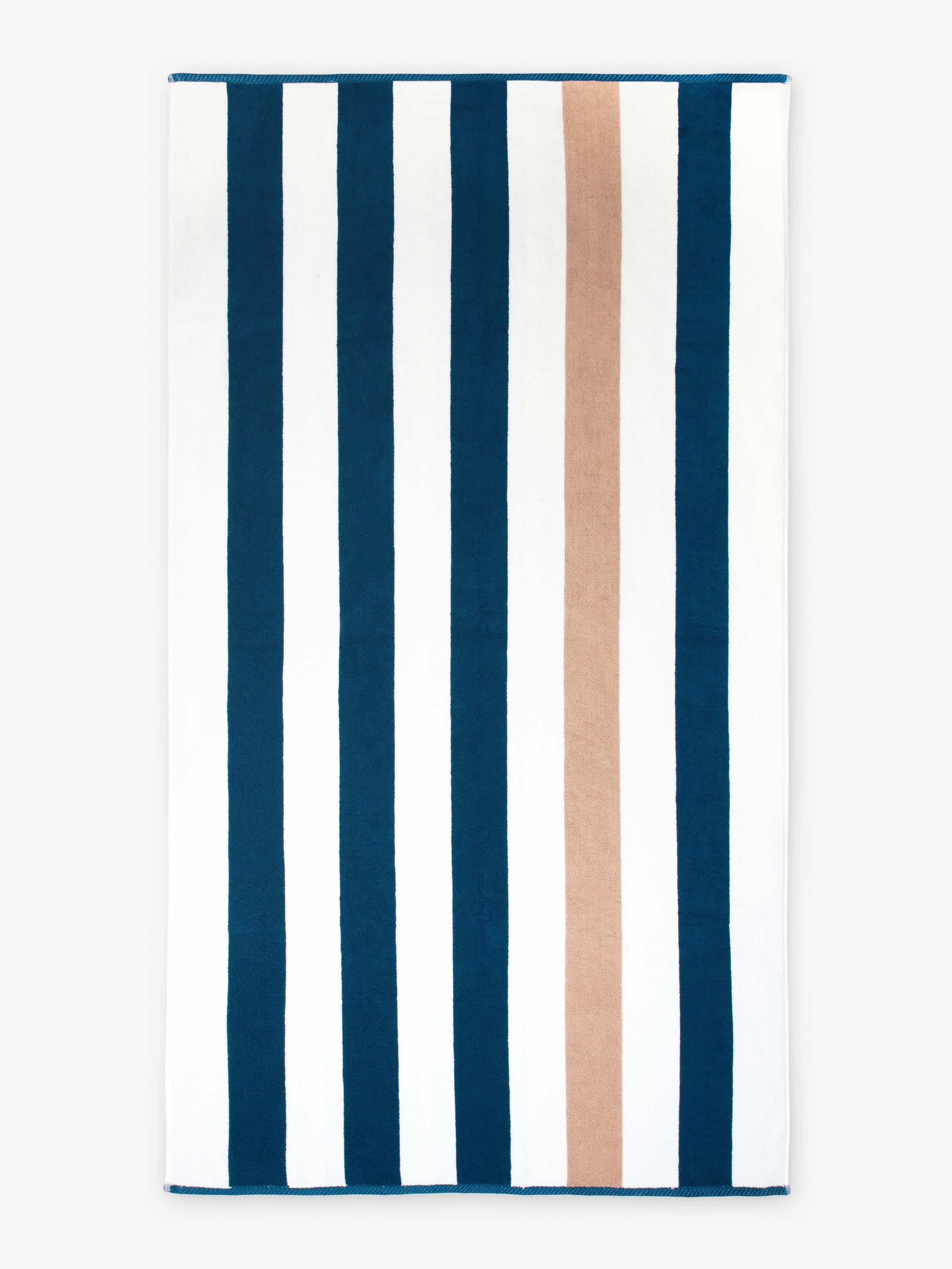 Striped towel with blue, white, and beige stripes on a white background