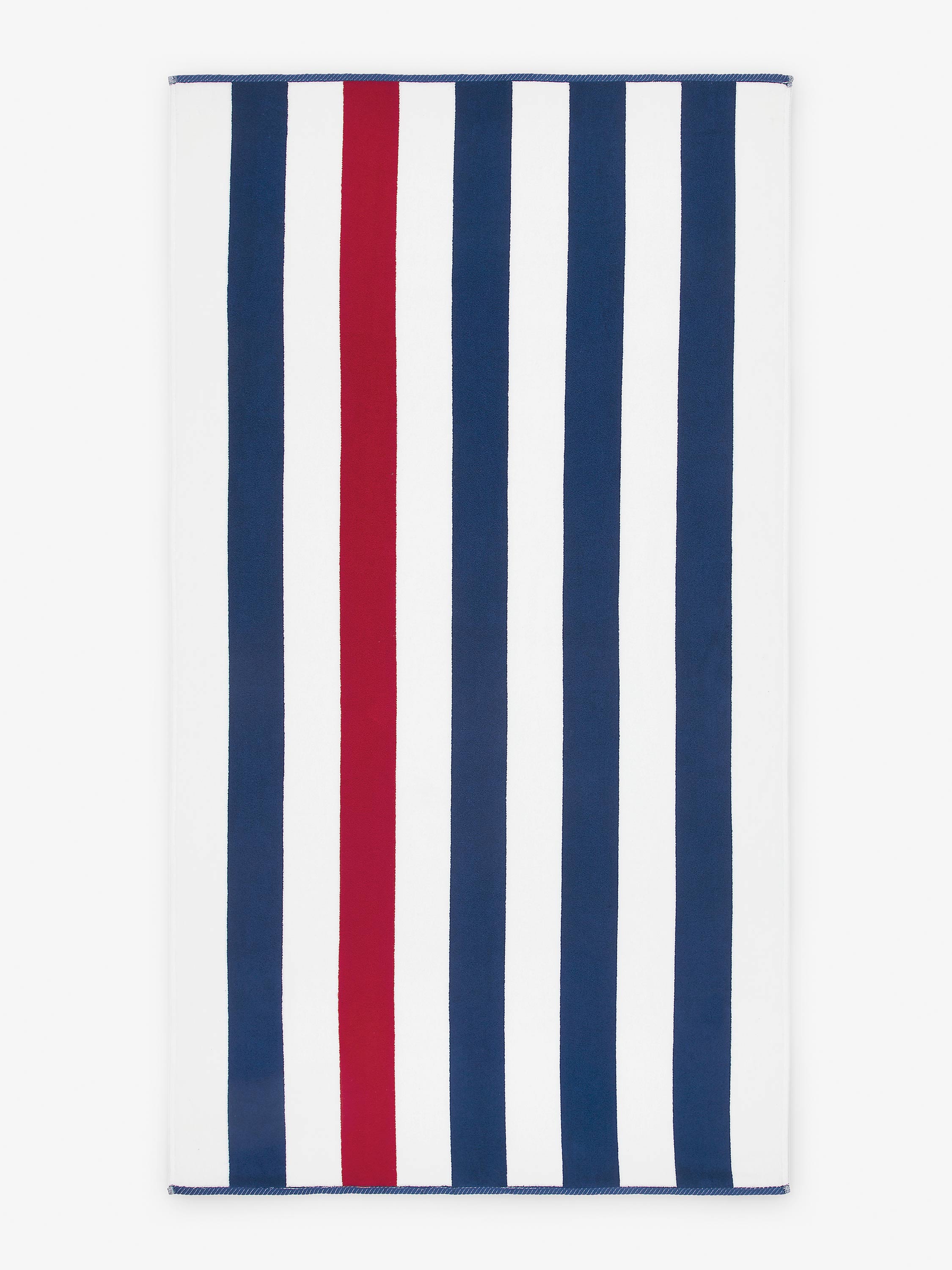 Striped towel with red, blue, and white vertical stripes on a white background