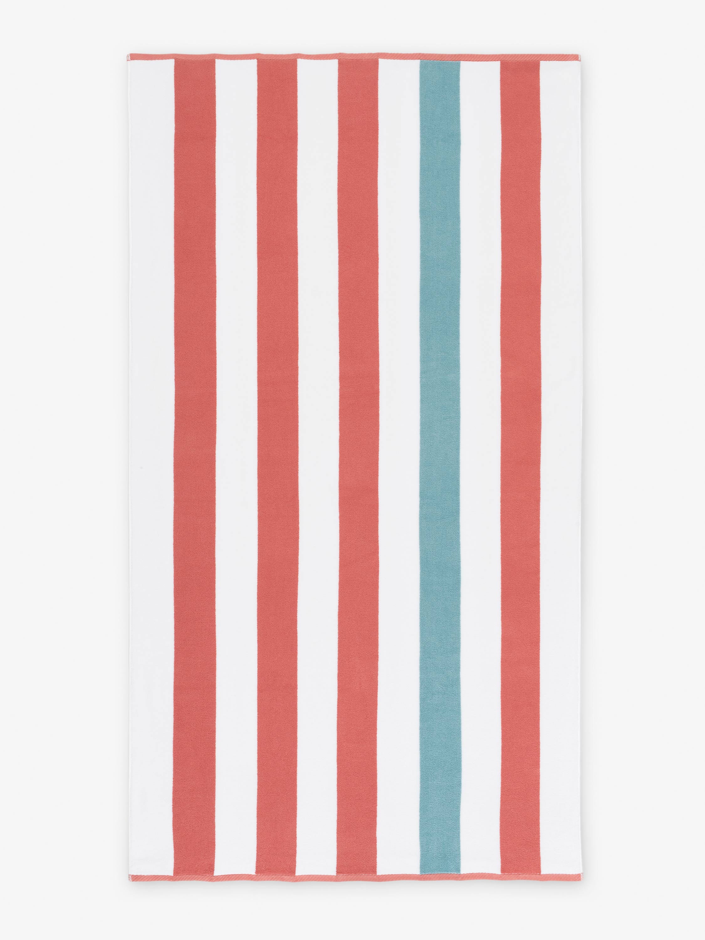 Striped towel with red, white, and blue vertical stripes on a white background