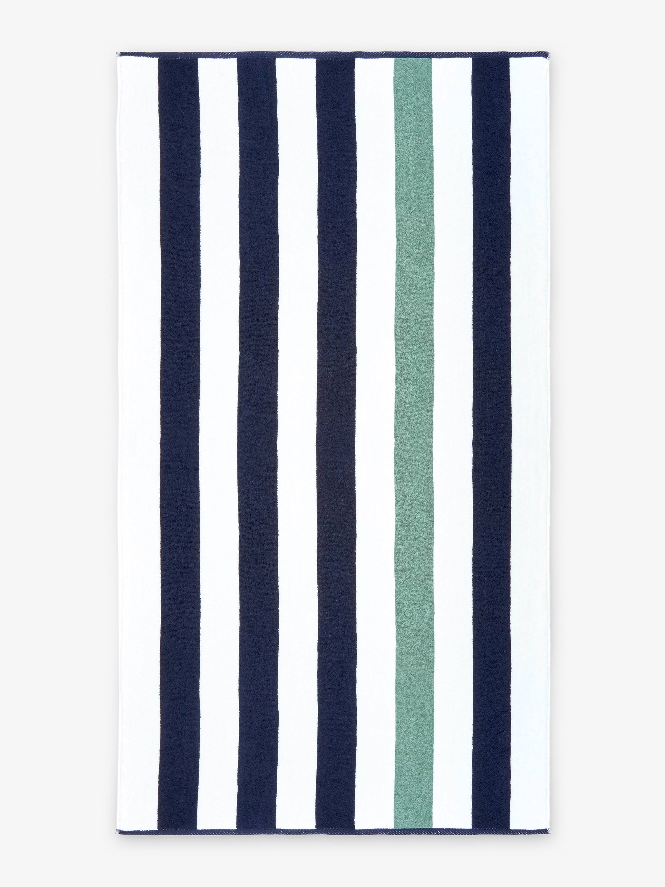 Striped towel with navy, white, and green stripes on a white background