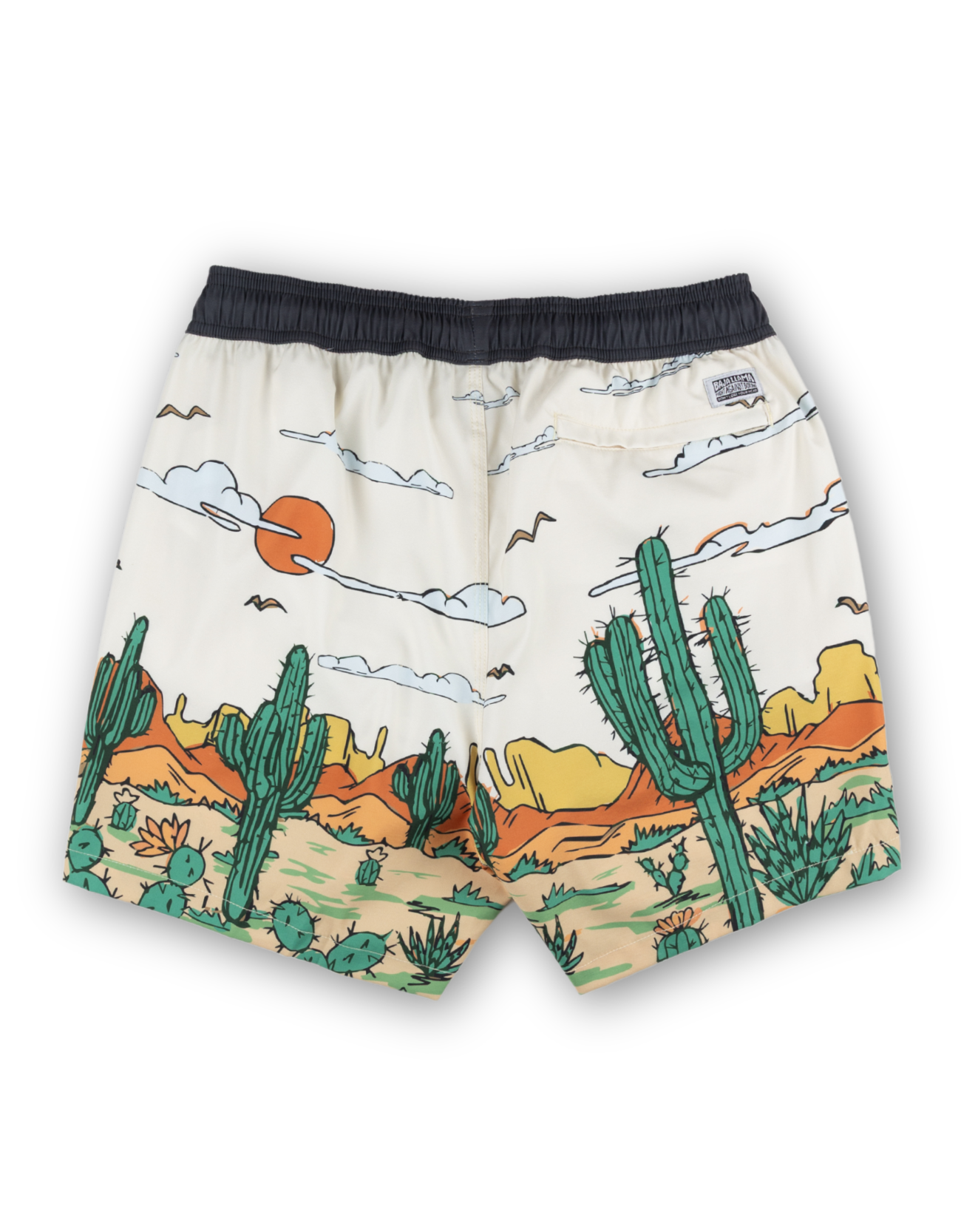 Shorts with desert landscape design featuring cacti and a sun on a white background