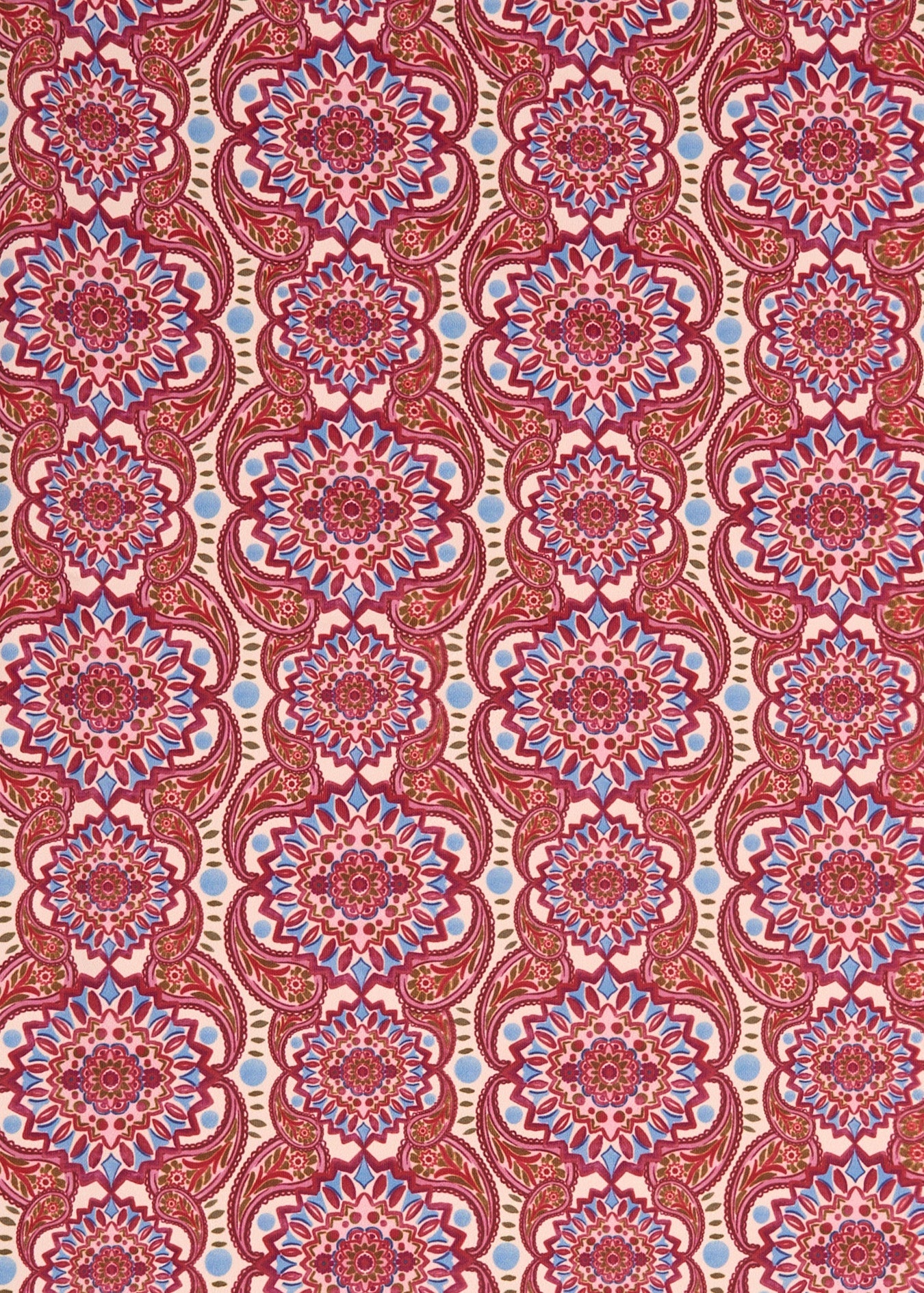 Patterned fabric with red and blue geometric design