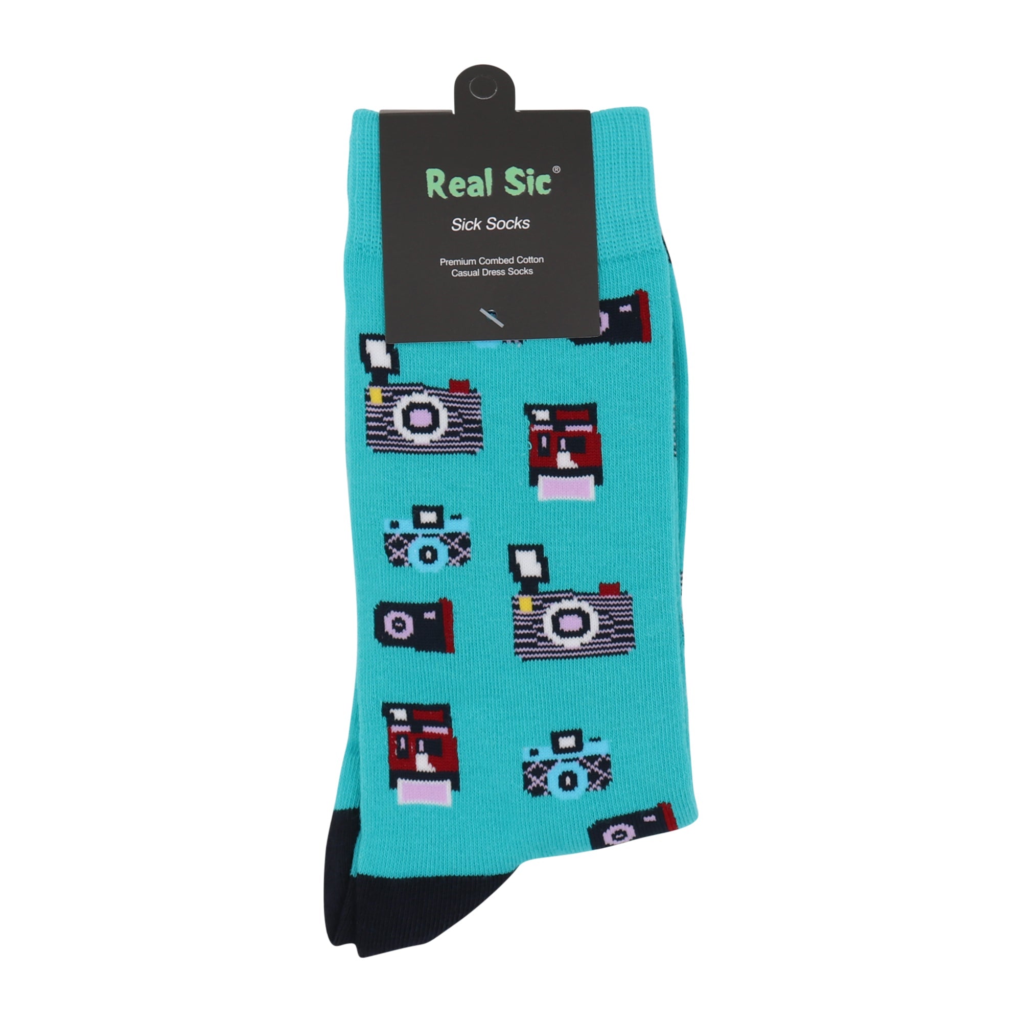 Turquoise sock with camera pattern and 'Real Sic' label on a white background