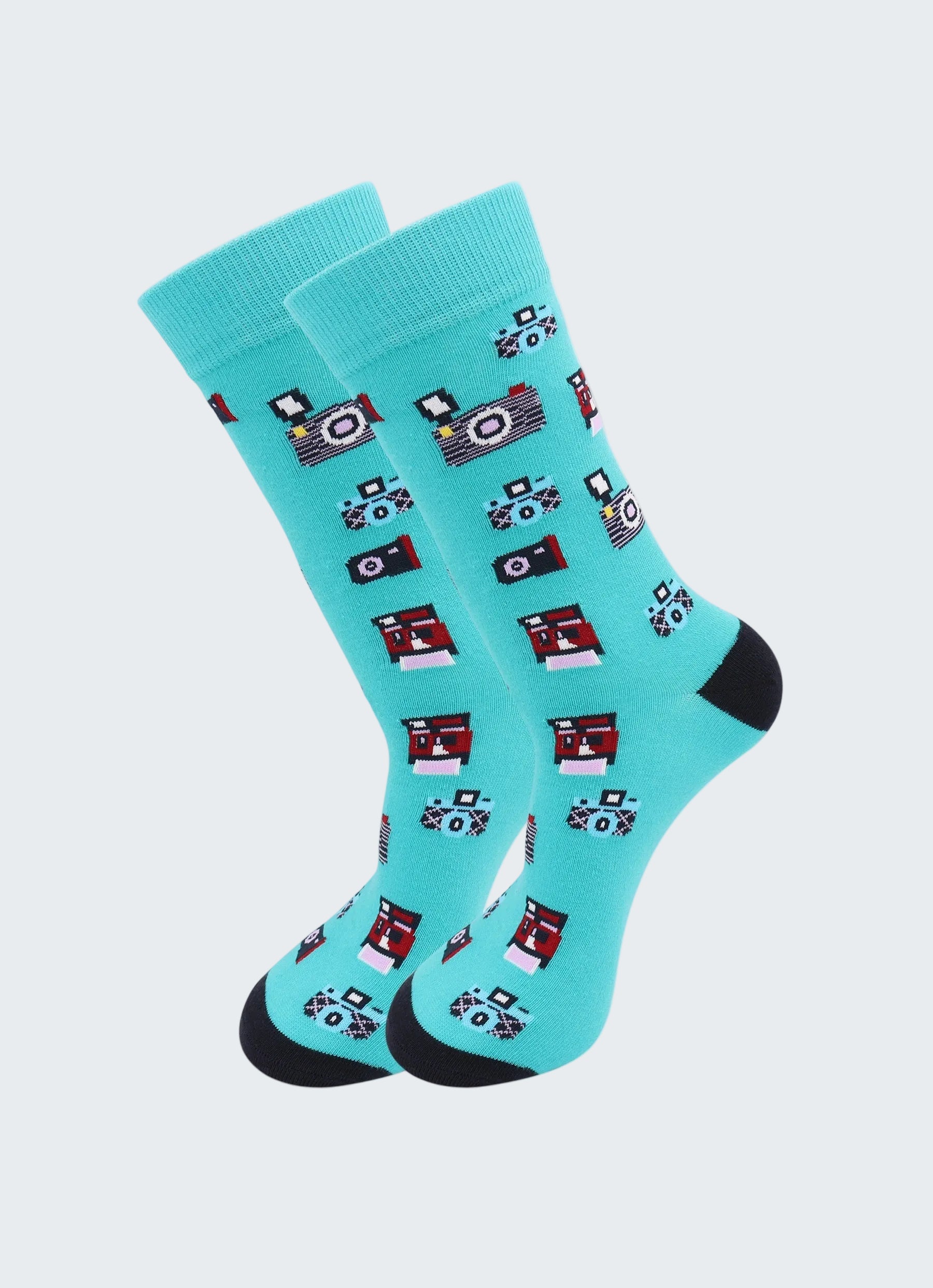 Turquoise socks with camera pattern on a white background