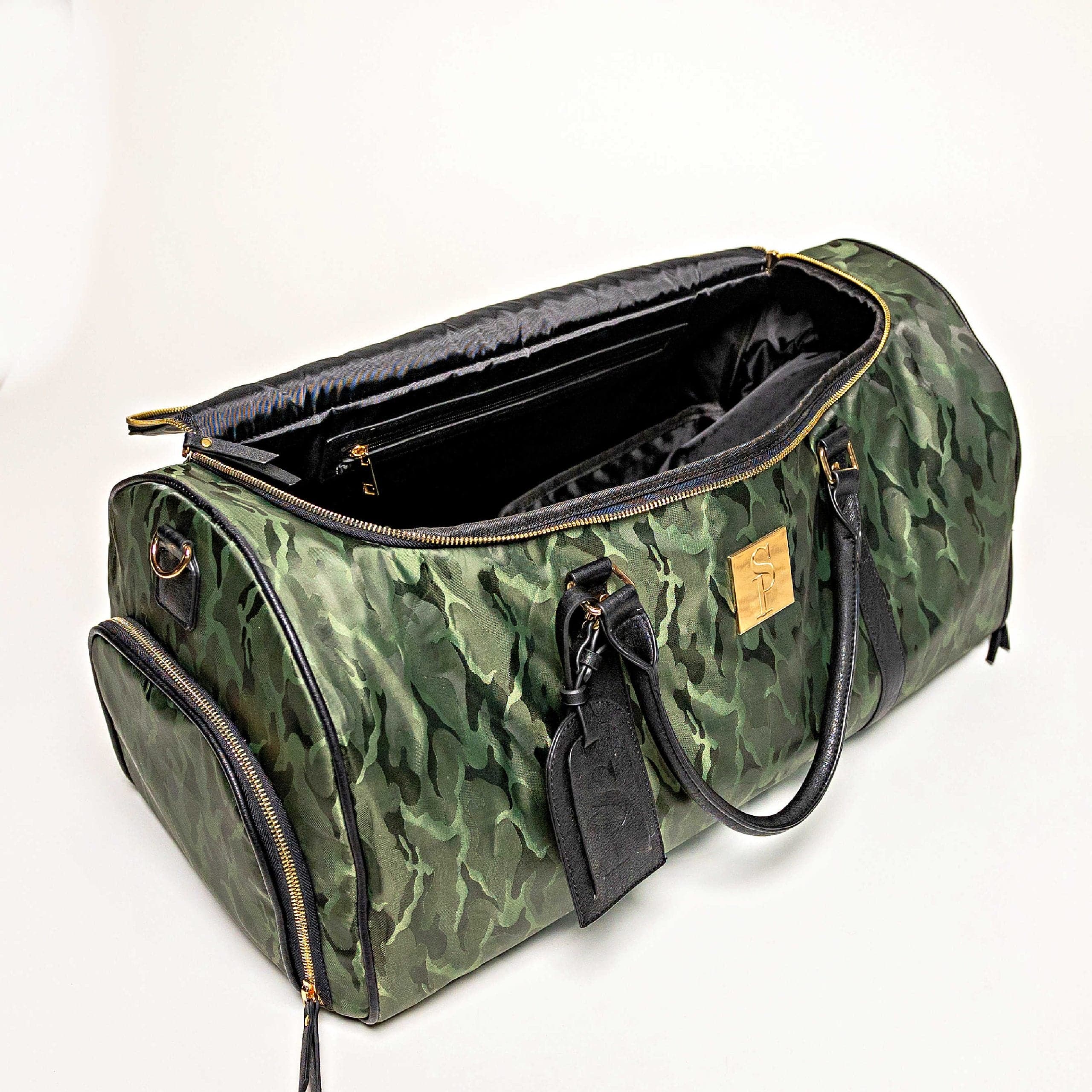 Green camouflage duffel bag with black accents on a white background