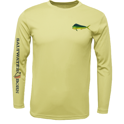 Yellow long-sleeve shirt with fish design and 'Saltwater Born' text on a white background