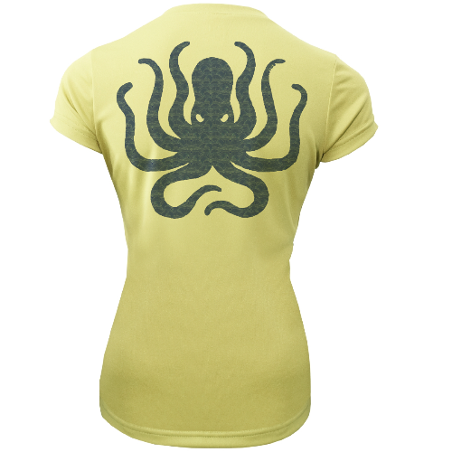 Yellow t-shirt with a black octopus design on the back against a white background