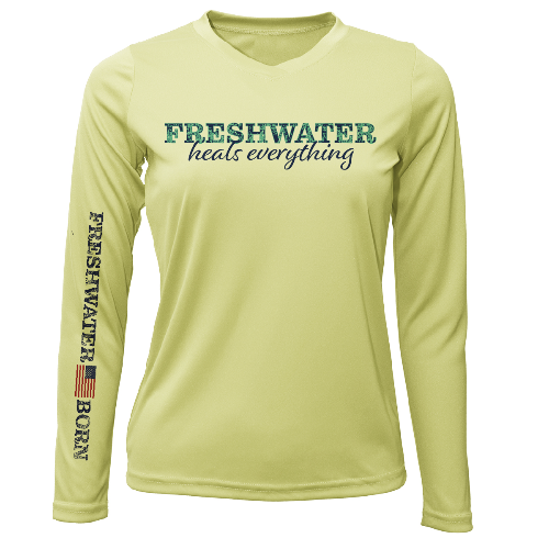 Yellow long-sleeve shirt with 'Freshwater heals everything' text on a white background