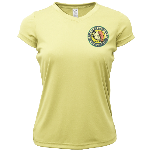 Yellow t-shirt with a logo on the chest against a white background
