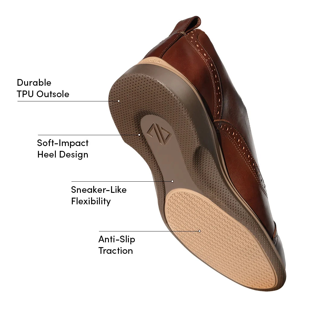 Brown shoe with labeled features on a white background
