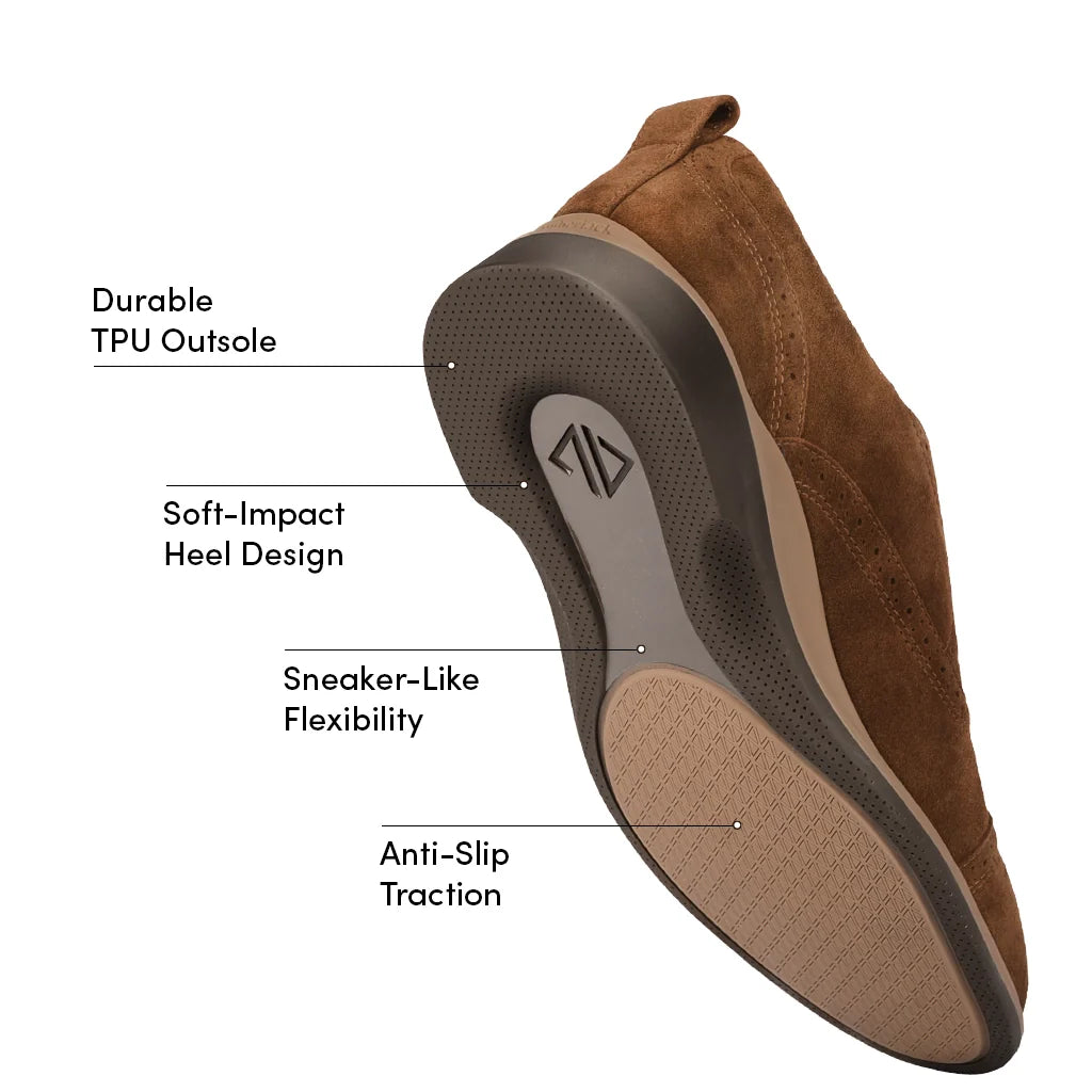 Brown shoe with labeled features on a white background