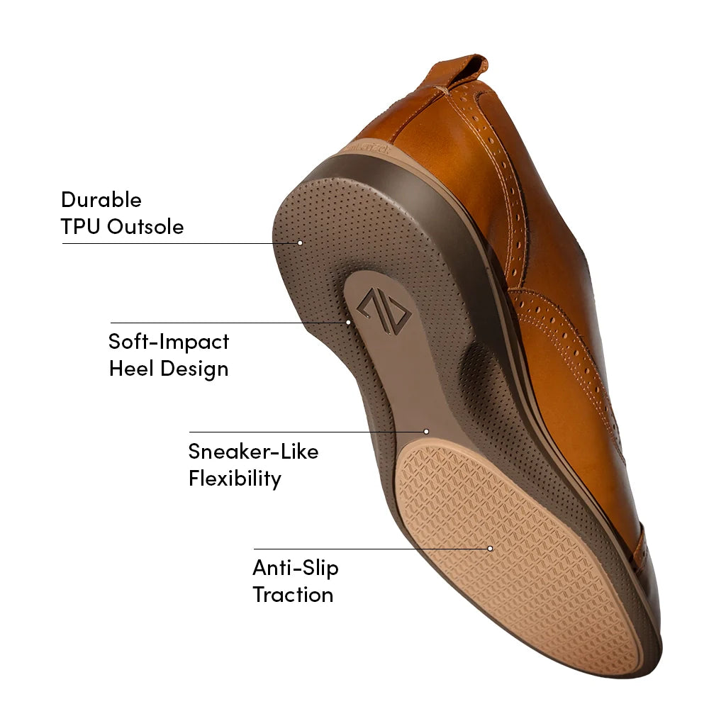 Brown shoe with labeled features on a white background