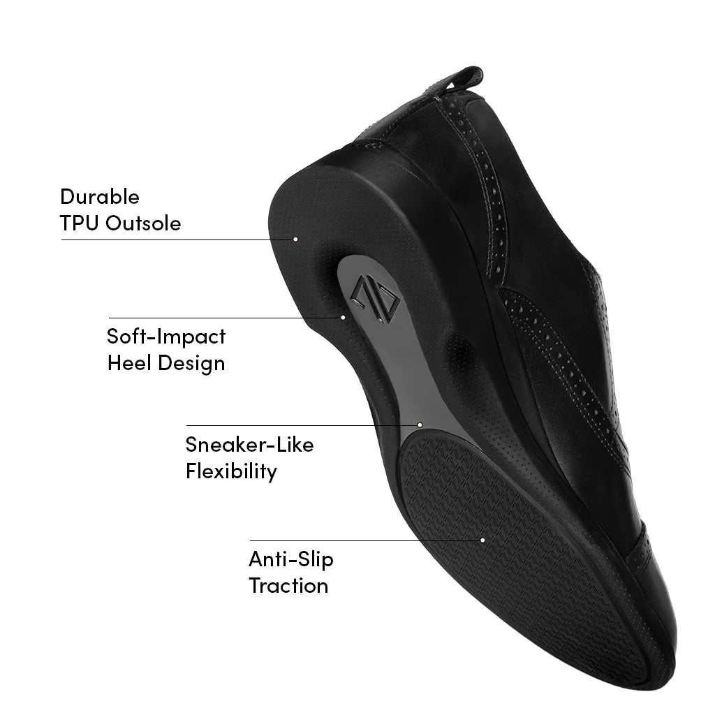Black shoe with labeled features on a white background