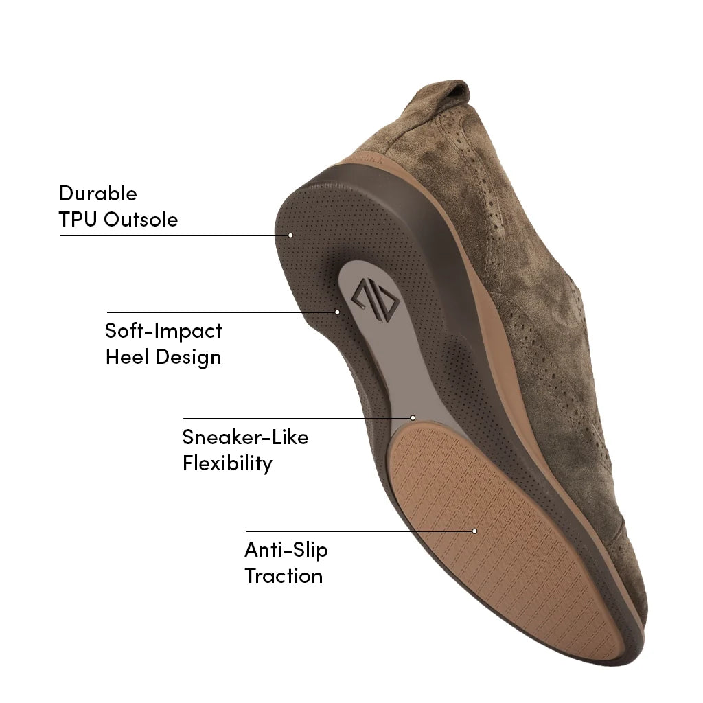 Brown shoe with labeled features on a white background