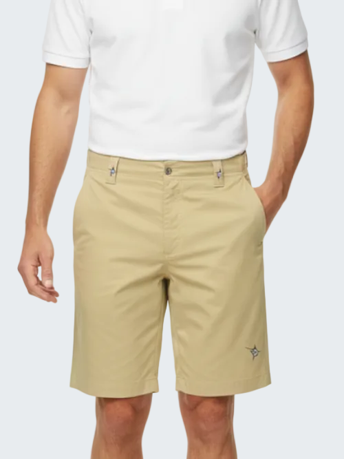Person wearing beige shorts and a white polo shirt on a white background