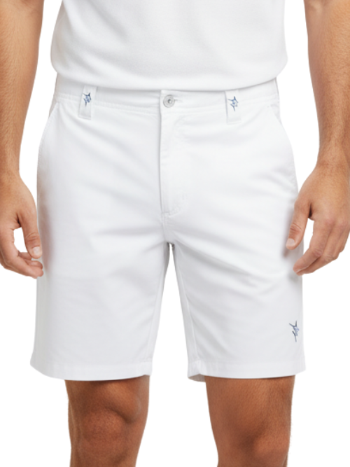 White shorts worn by a person on a white background