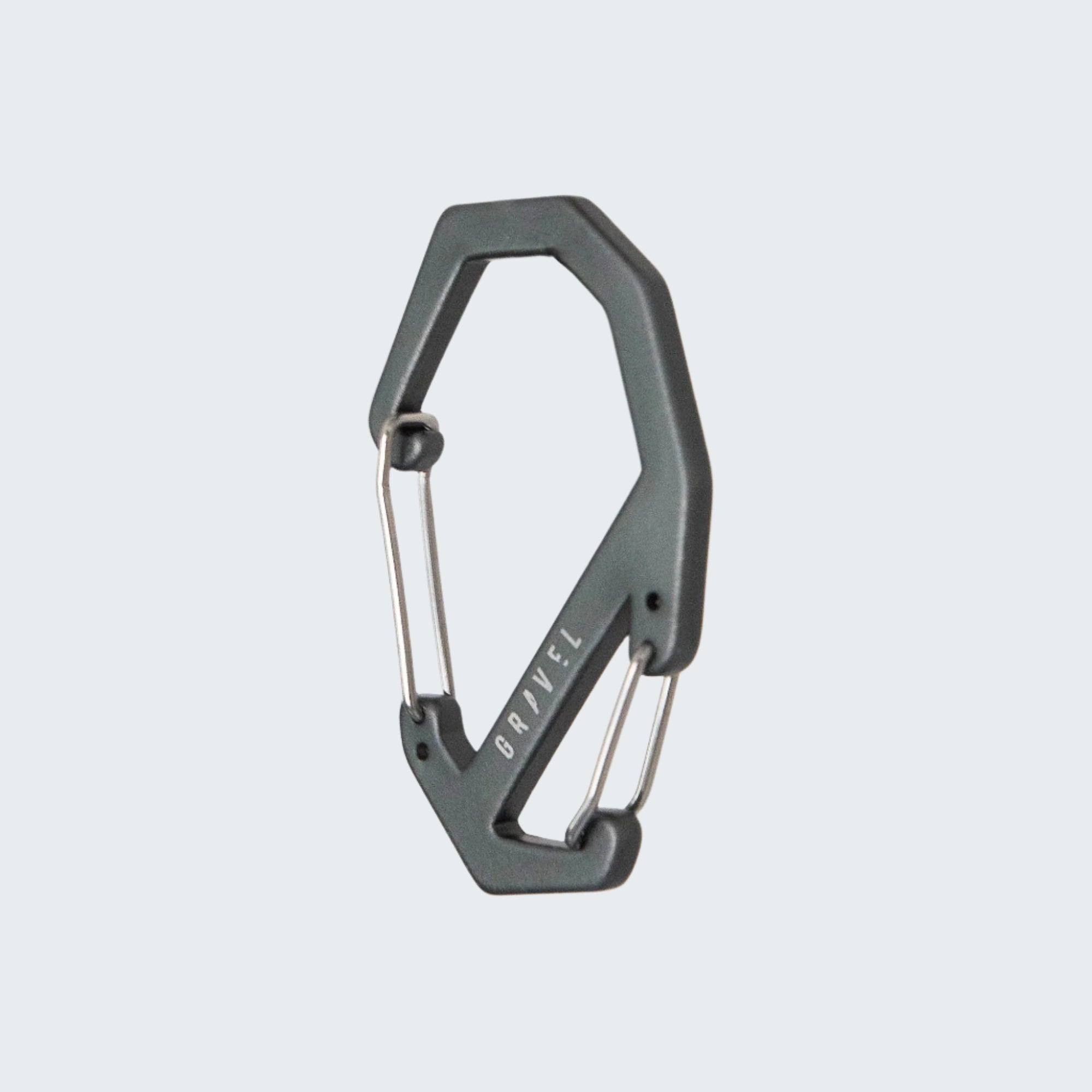 Gray carabiner with brand name on a white background