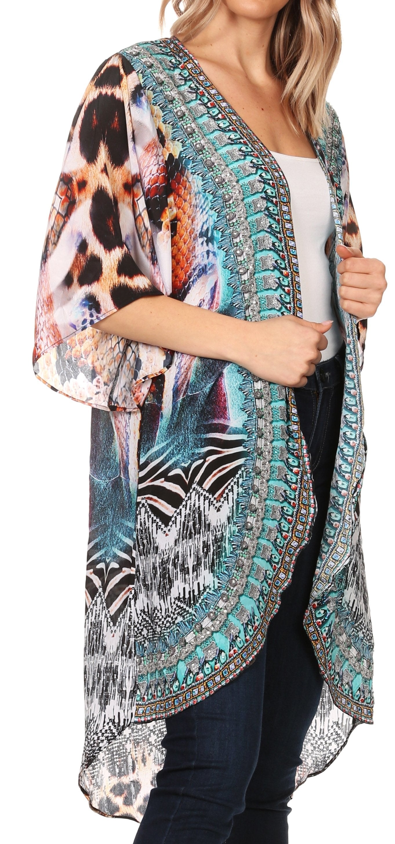 Sakkas - Denora Draped Kimono Short Sleeve Boho Open Front Cardigan