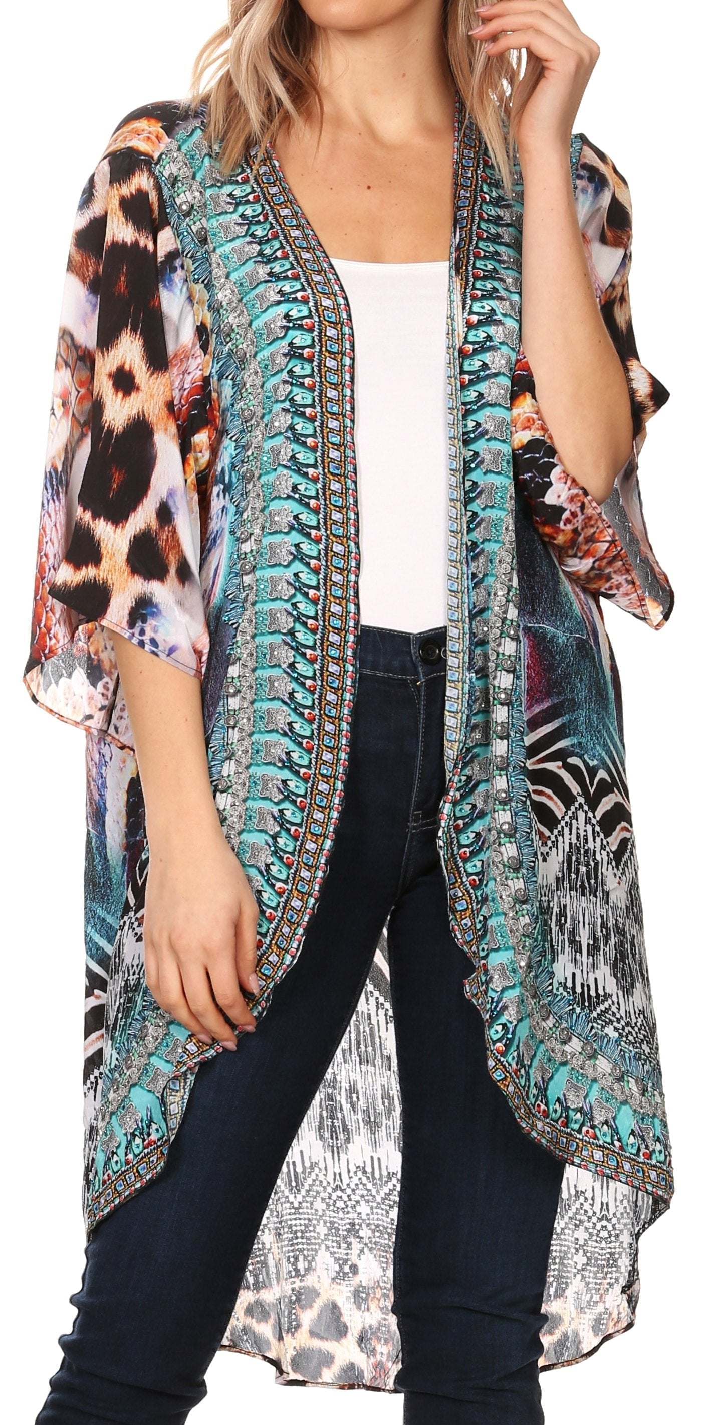 Sakkas - Denora Draped Kimono Short Sleeve Boho Open Front Cardigan
