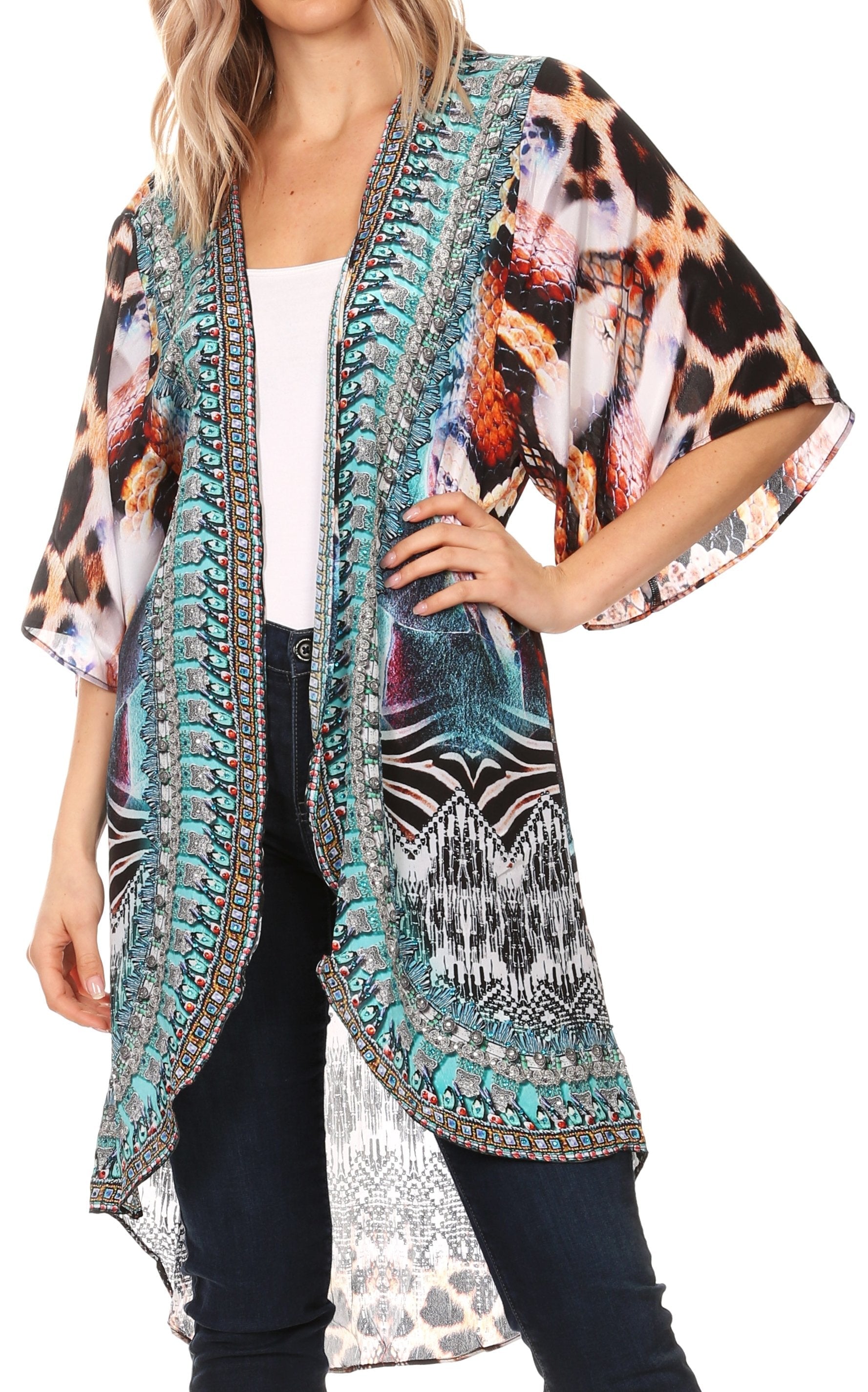 Sakkas - Denora Draped Kimono Short Sleeve Boho Open Front Cardigan