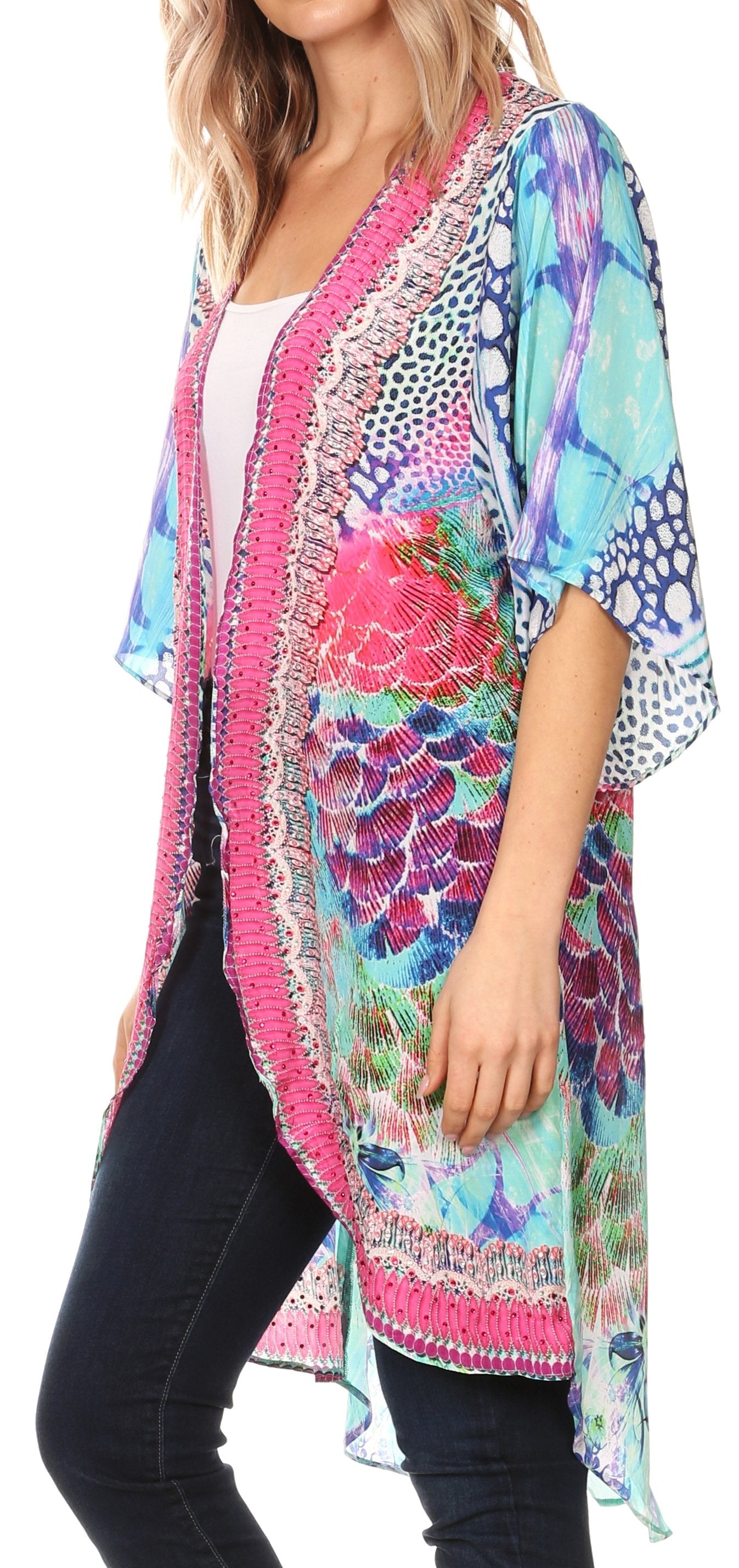 Sakkas - Denora Draped Kimono Short Sleeve Boho Open Front Cardigan
