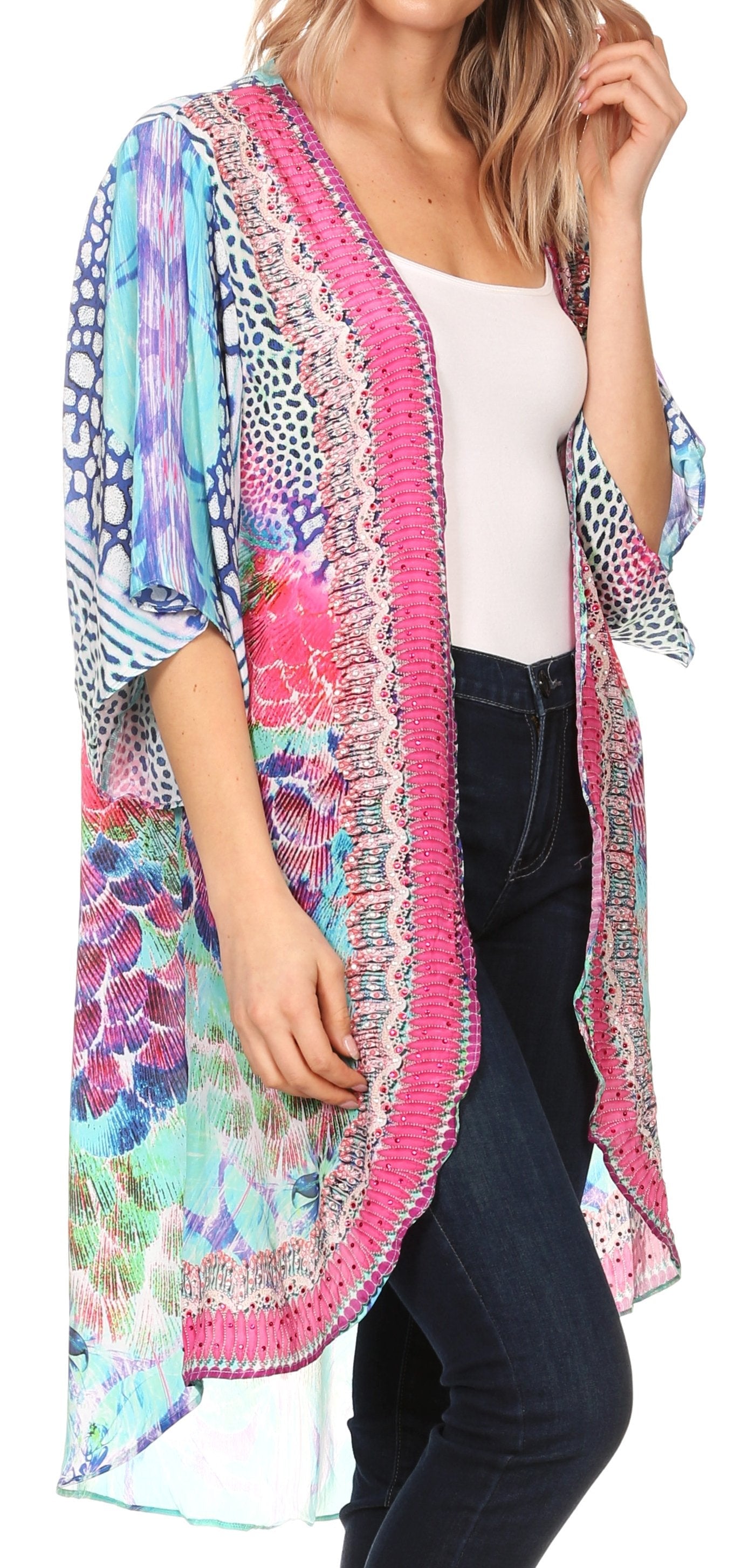 Sakkas - Denora Draped Kimono Short Sleeve Boho Open Front Cardigan