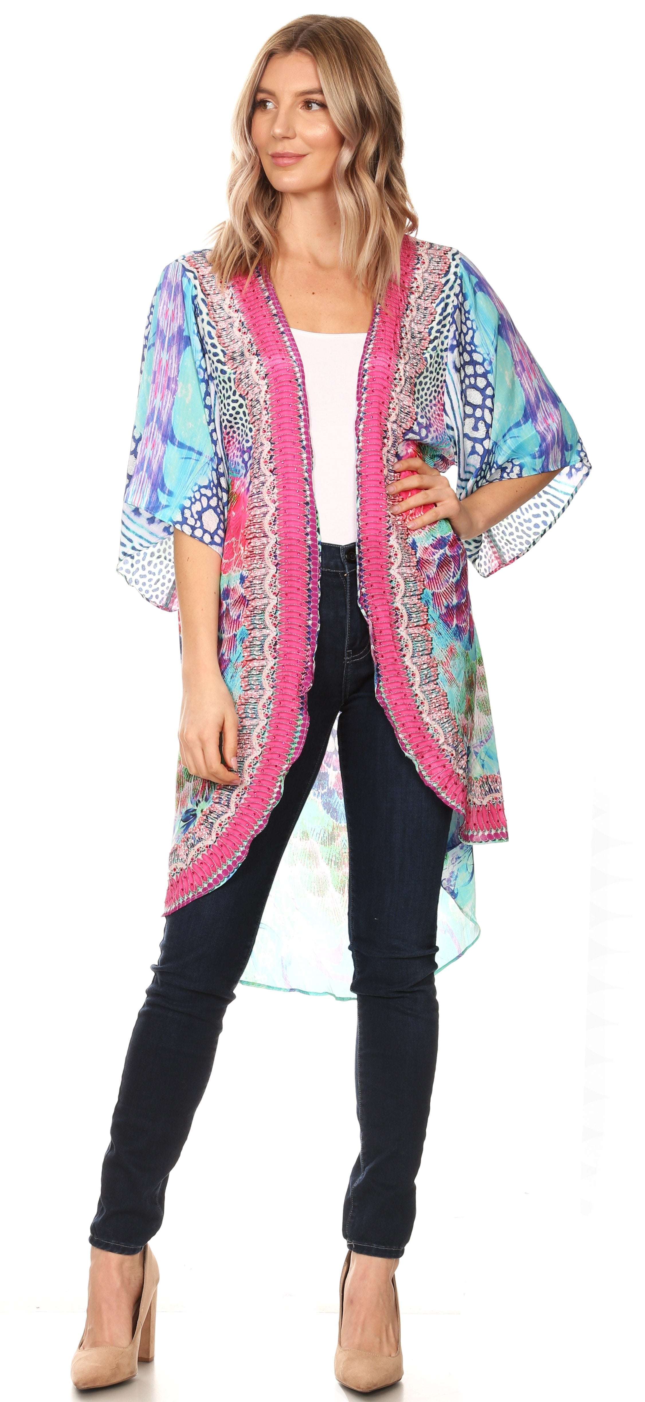 Sakkas - Denora Draped Kimono Short Sleeve Boho Open Front Cardigan