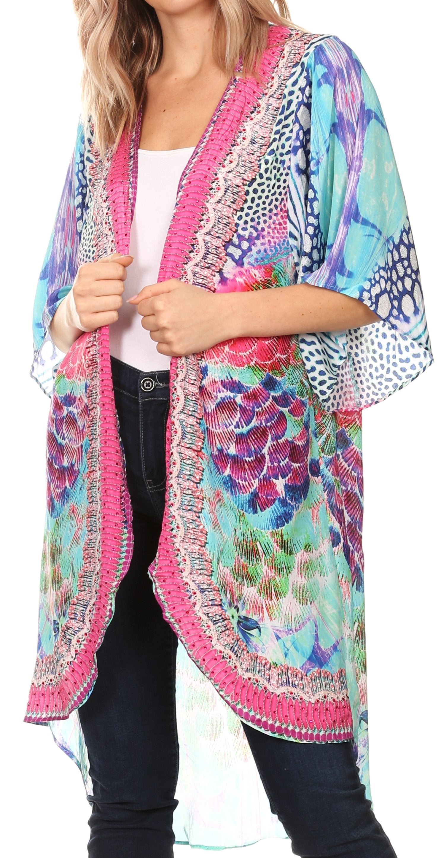 Sakkas - Denora Draped Kimono Short Sleeve Boho Open Front Cardigan