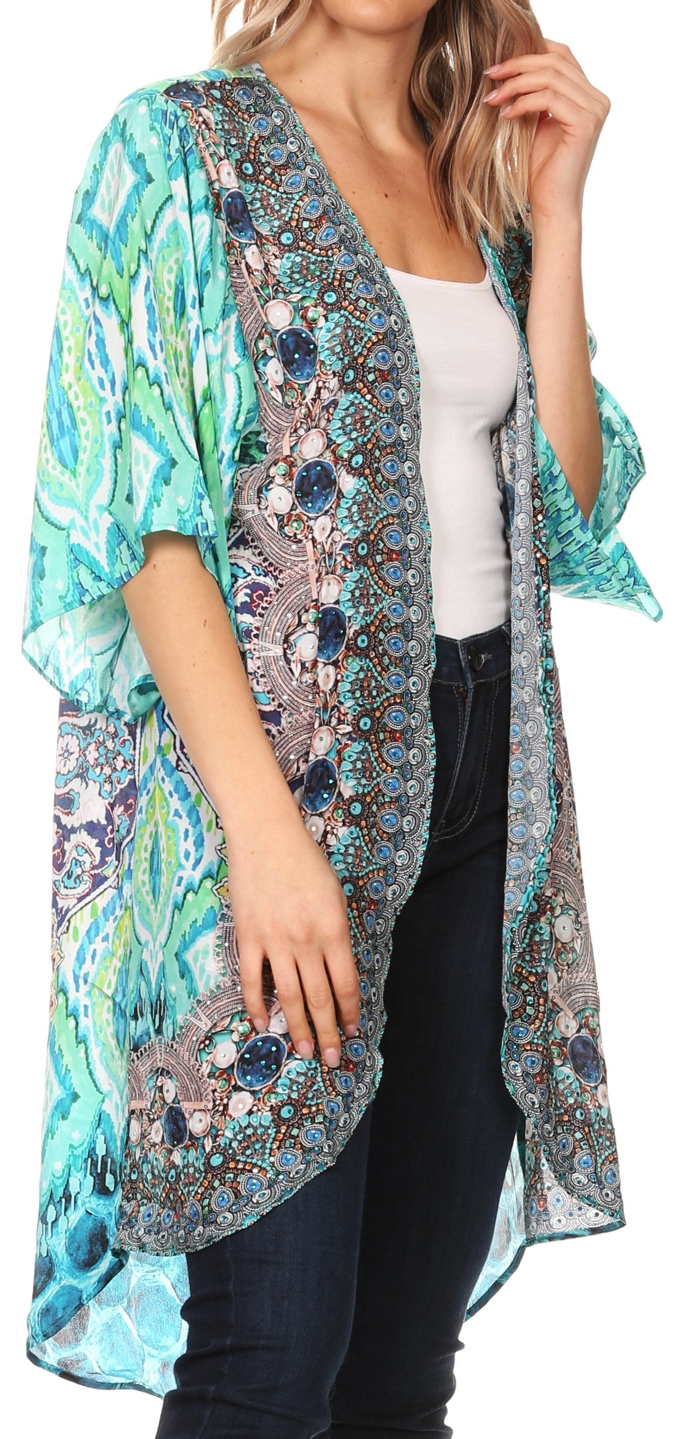 Sakkas - Denora Draped Kimono Short Sleeve Boho Open Front Cardigan