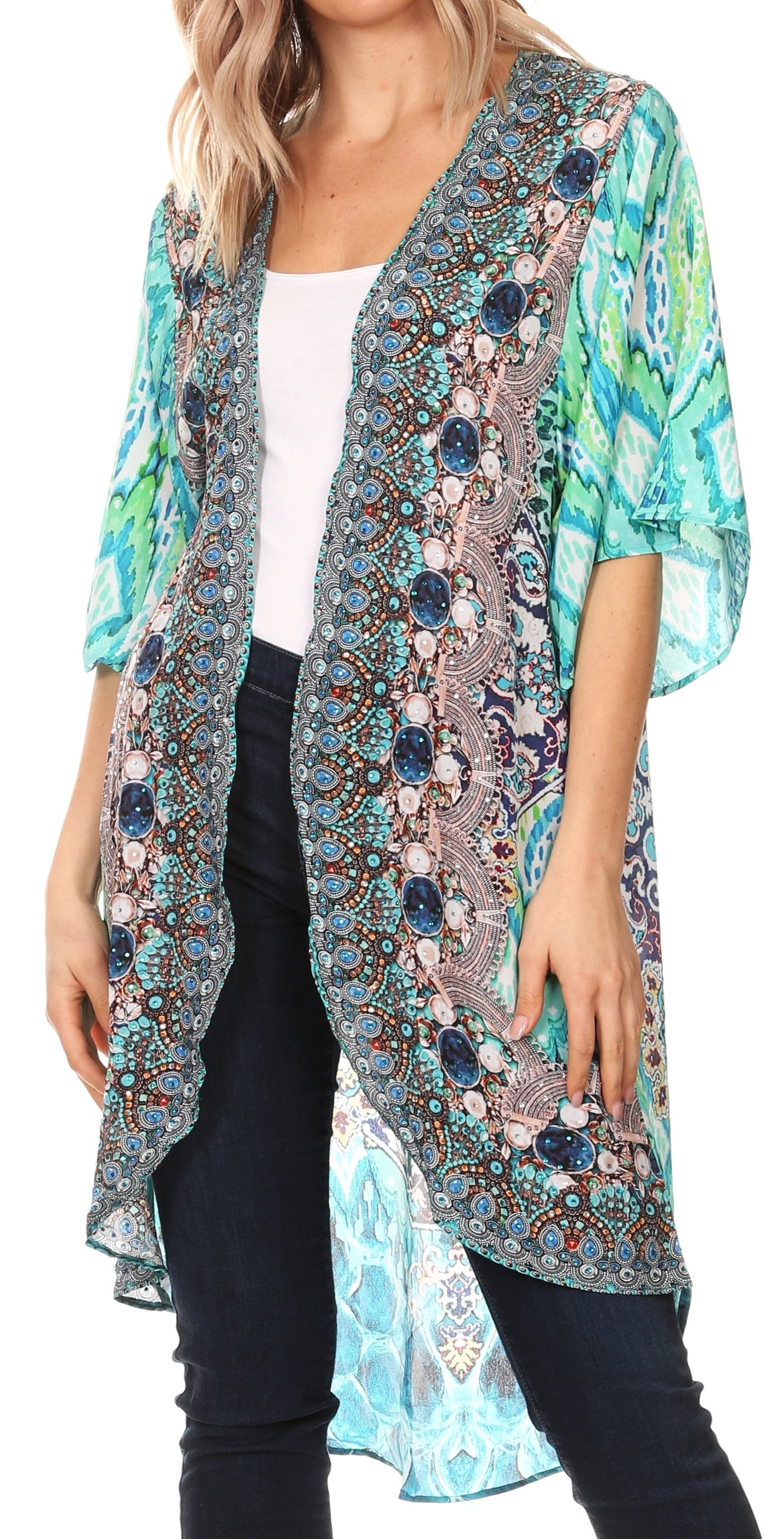 Sakkas - Denora Draped Kimono Short Sleeve Boho Open Front Cardigan