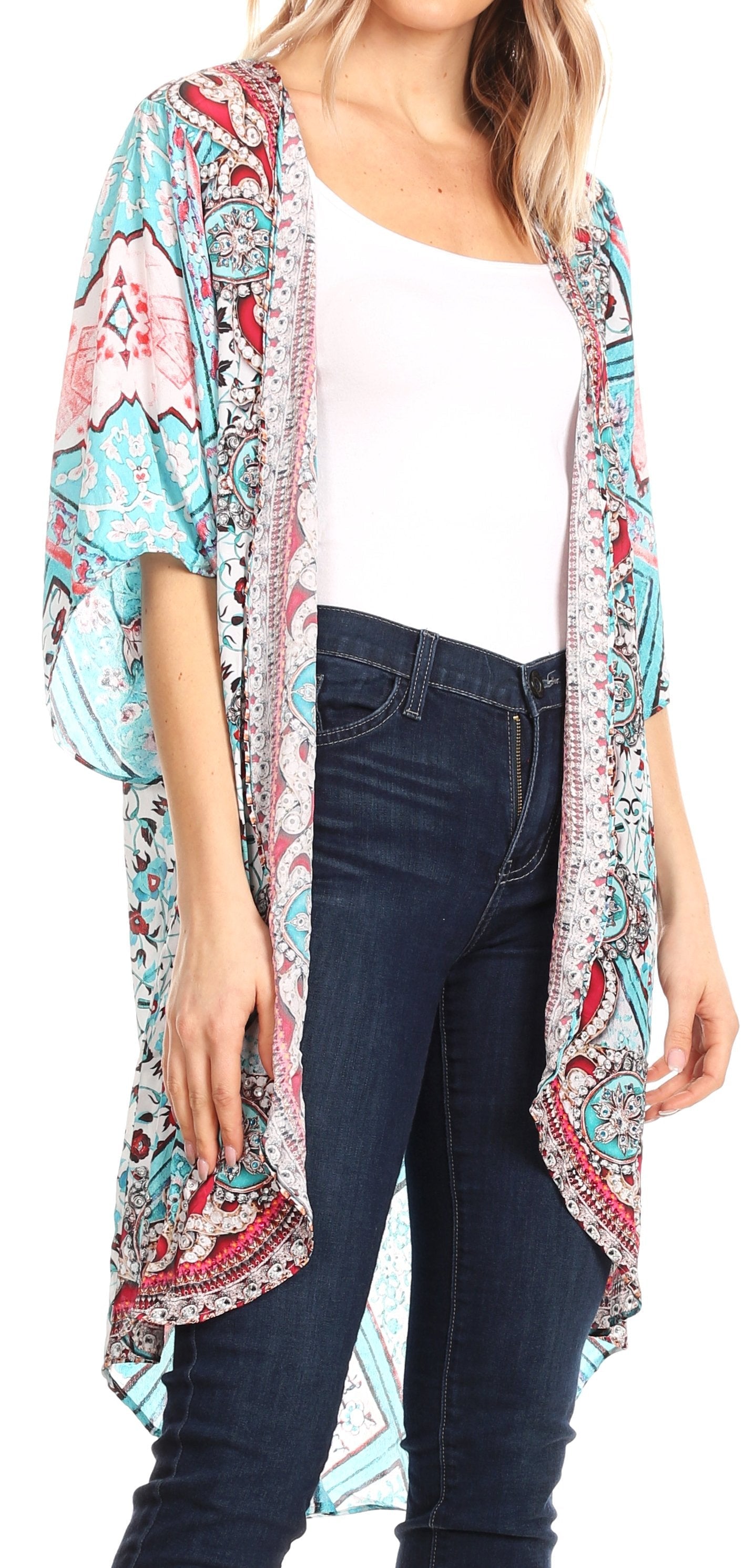 Sakkas - Denora Draped Kimono Short Sleeve Boho Open Front Cardigan