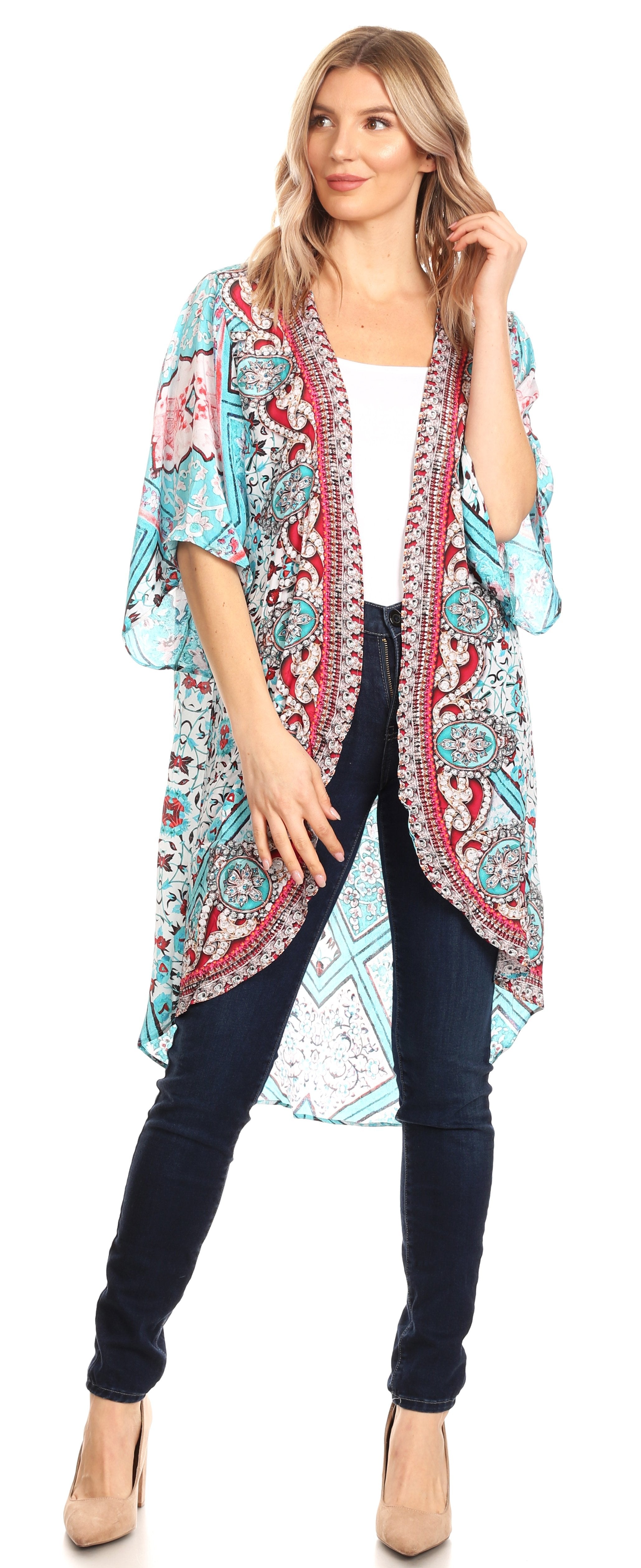 Sakkas - Denora Draped Kimono Short Sleeve Boho Open Front Cardigan