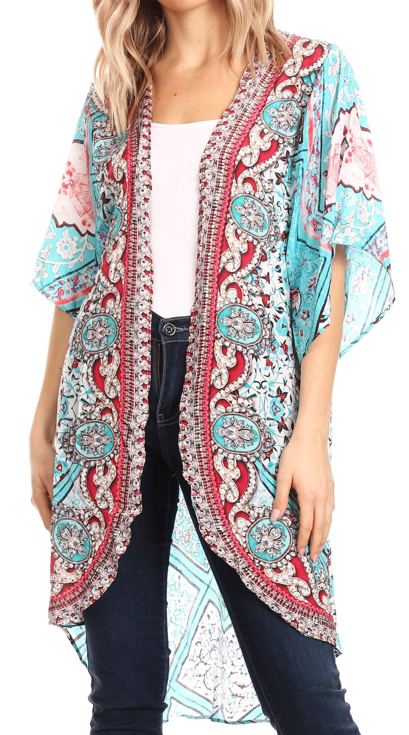 Sakkas - Denora Draped Kimono Short Sleeve Boho Open Front Cardigan