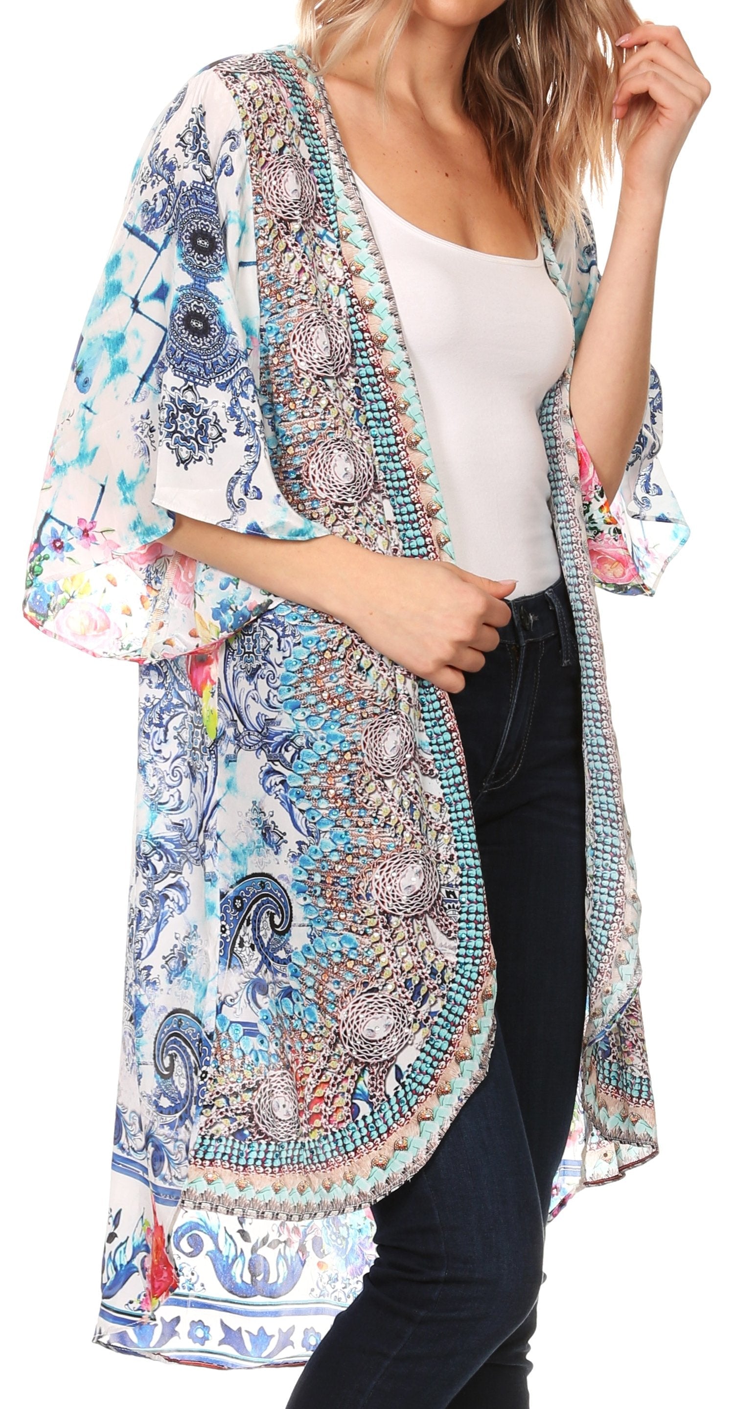 Sakkas - Denora Draped Kimono Short Sleeve Boho Open Front Cardigan