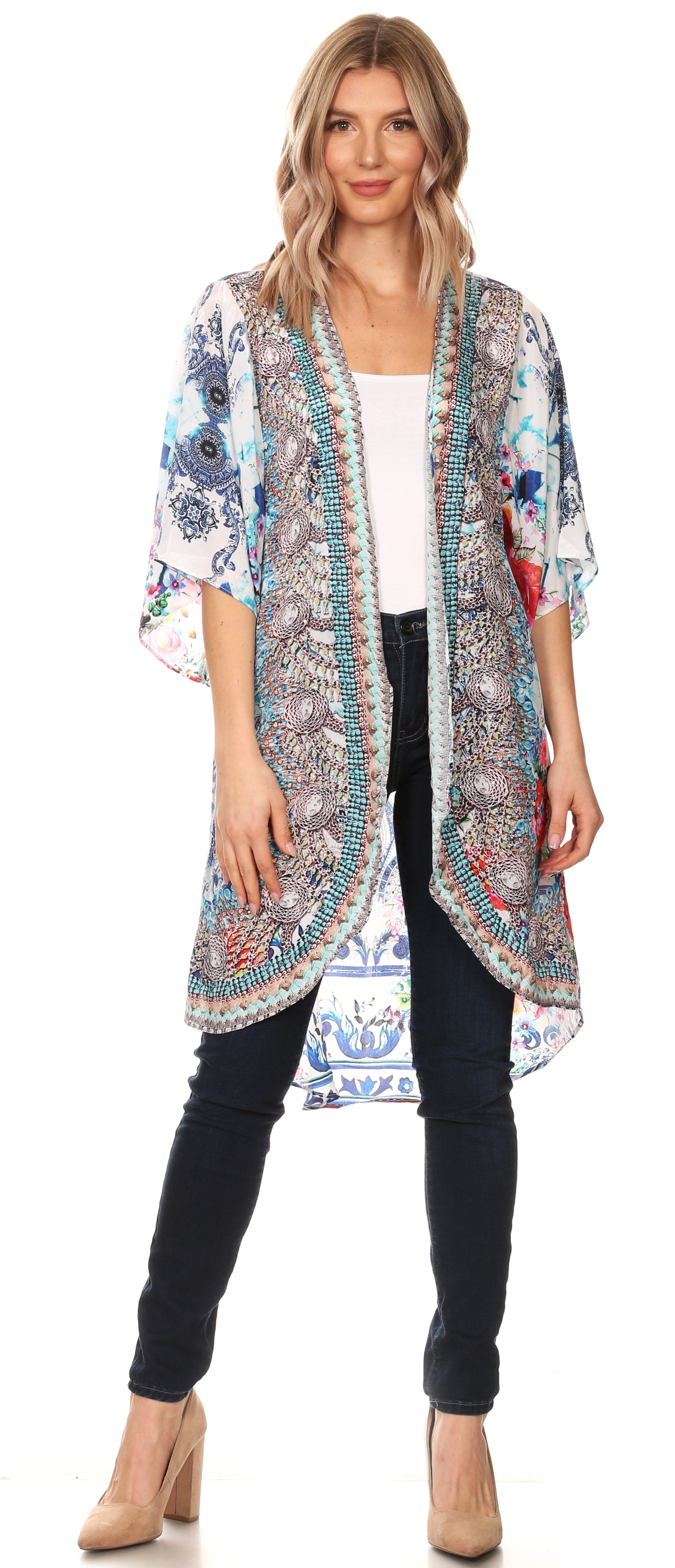 Sakkas - Denora Draped Kimono Short Sleeve Boho Open Front Cardigan