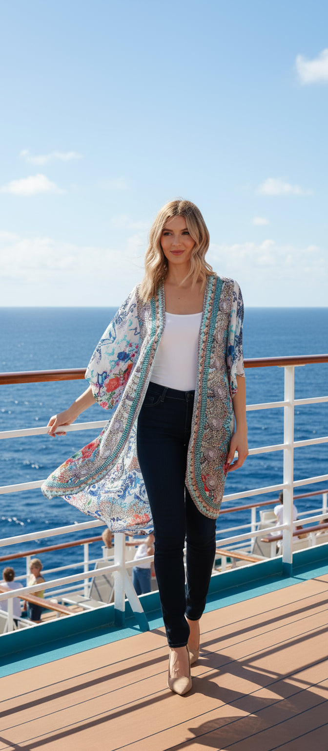 Woman wearing a colorful patterned kimono over a white top and black pants on a white background