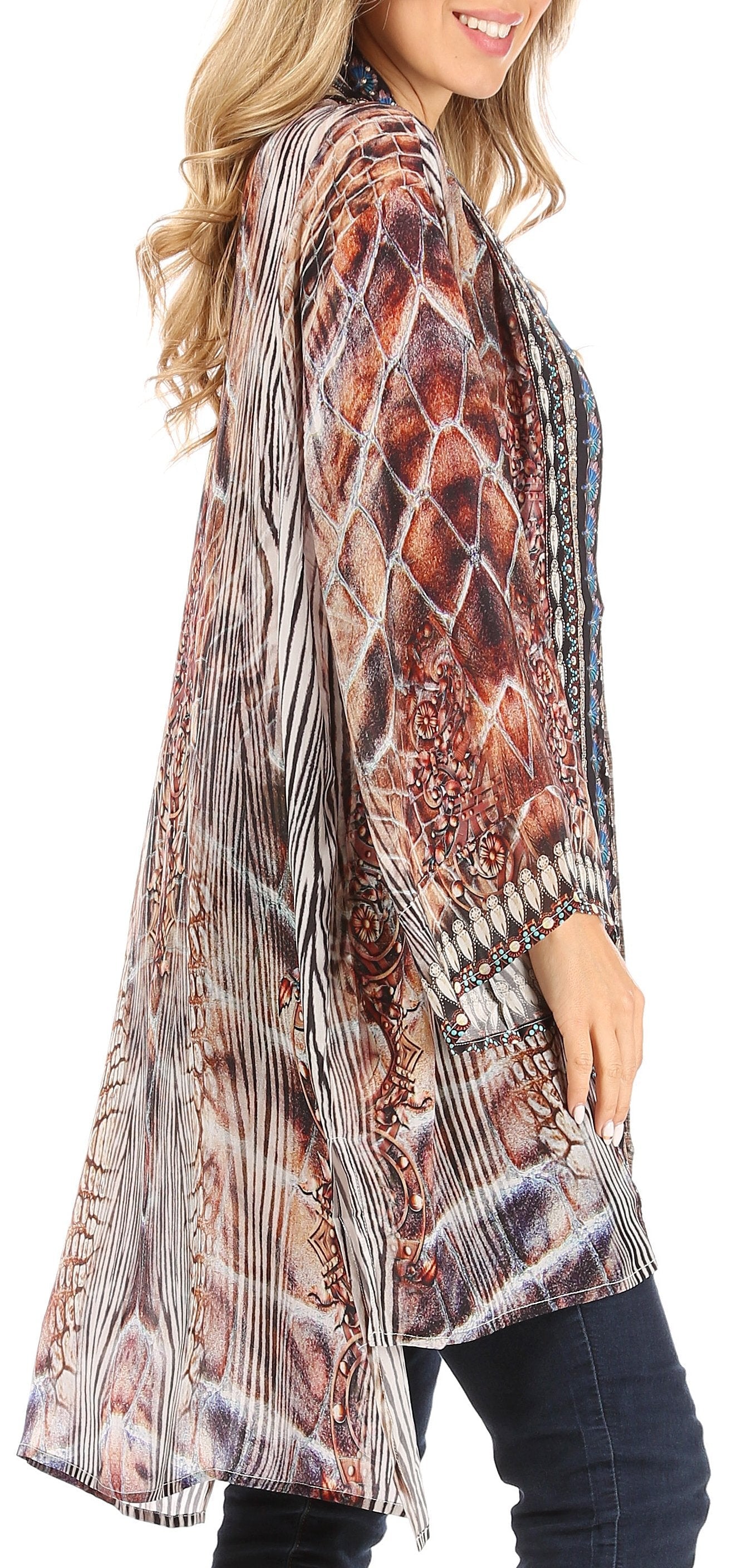 Long patterned shirt worn by a person on a white background