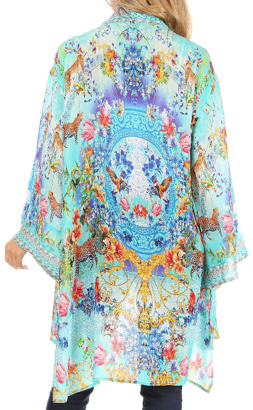 Colorful kimono-style garment with floral and animal patterns on a white background