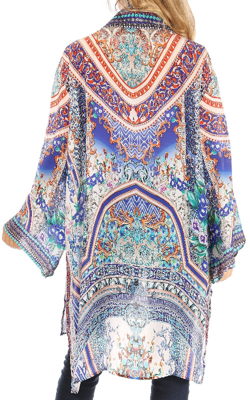 Colorful patterned kimono-style top on a white background