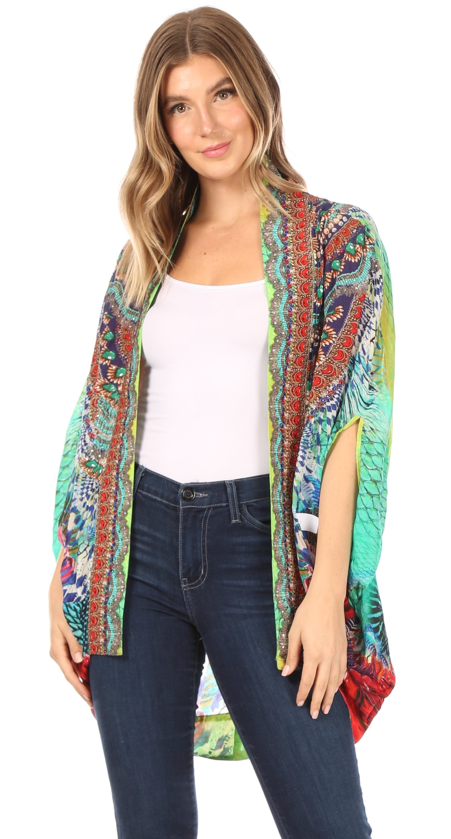 Sakkas - Jenna Boho Sheer Kimono Loose Cardigan Cape
