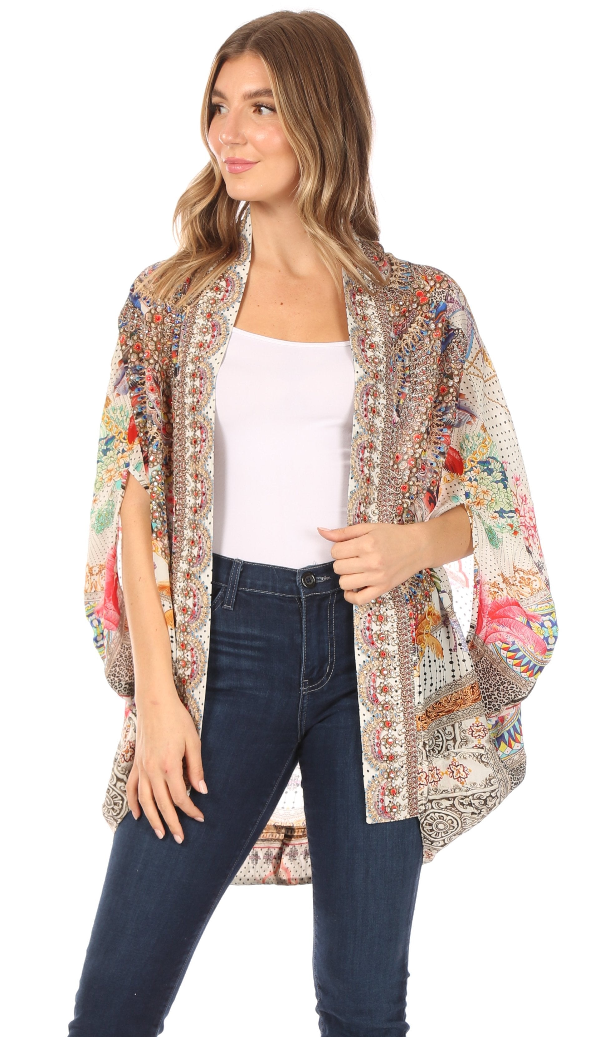 Sakkas - Jenna Boho Sheer Kimono Loose Cardigan Cape