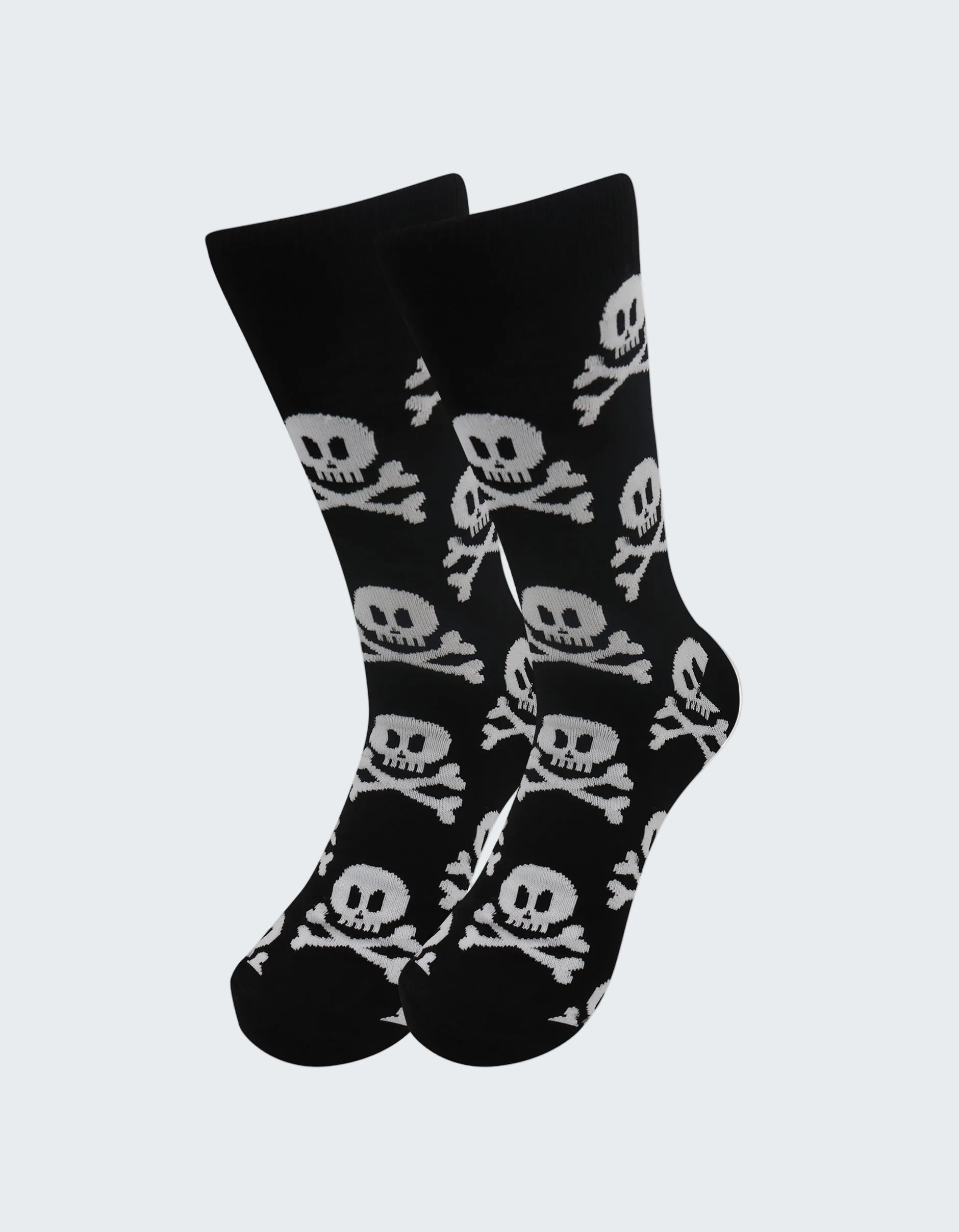 Black socks with white skull and crossbones pattern on a white background