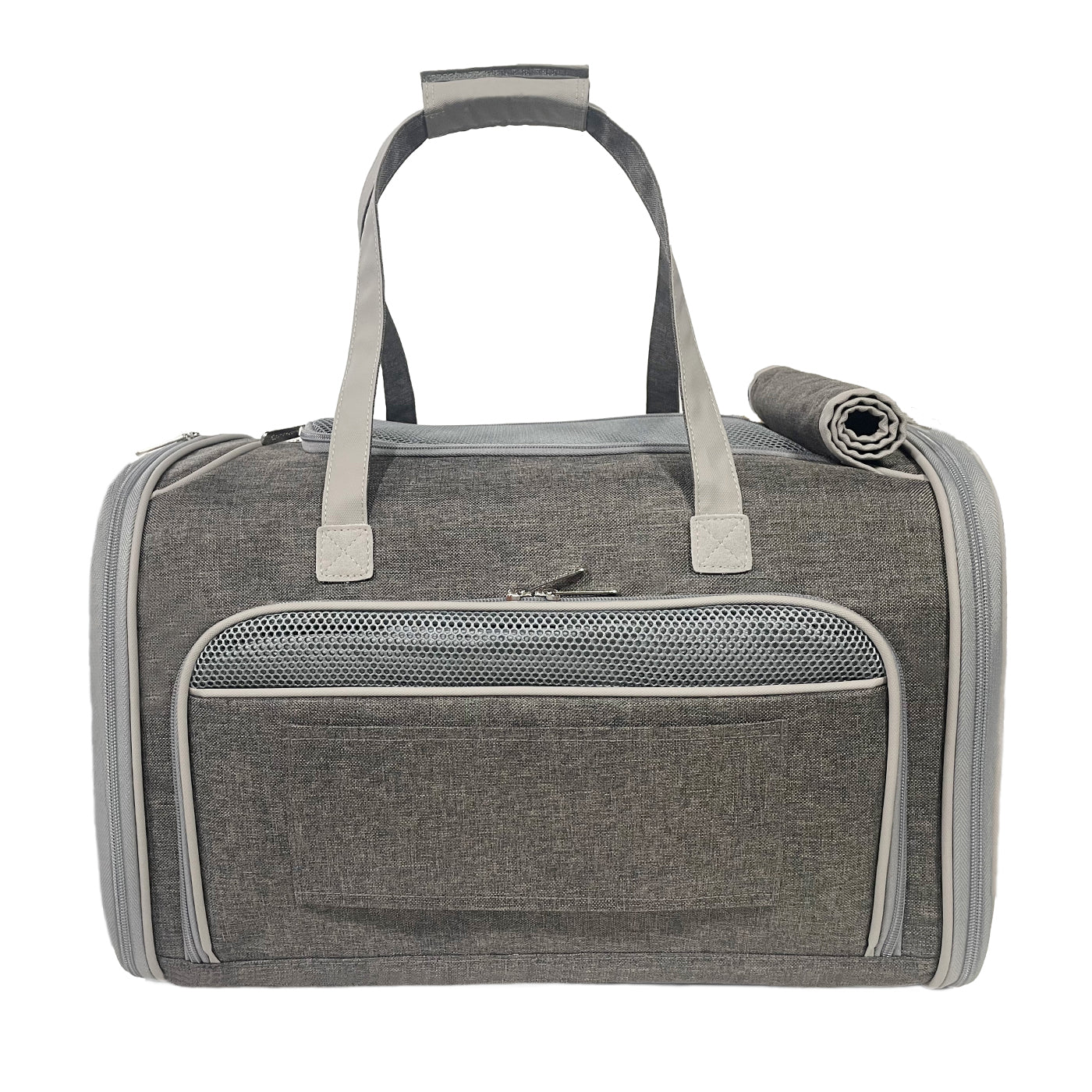 Gray pet carrier with handle and mesh pocket on a white background