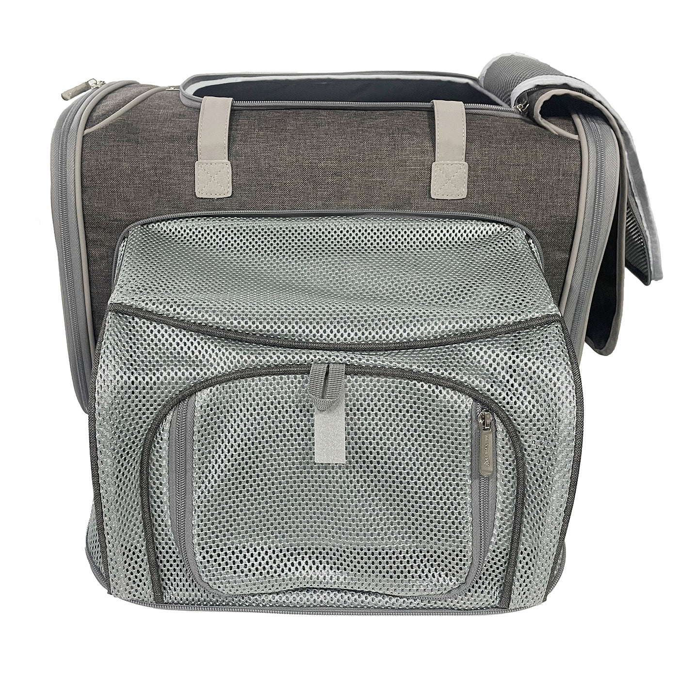 Gray pet carrier with mesh side on a white background