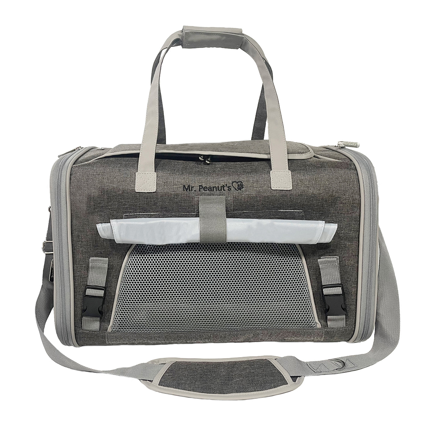 Gray pet carrier with mesh side on a white background