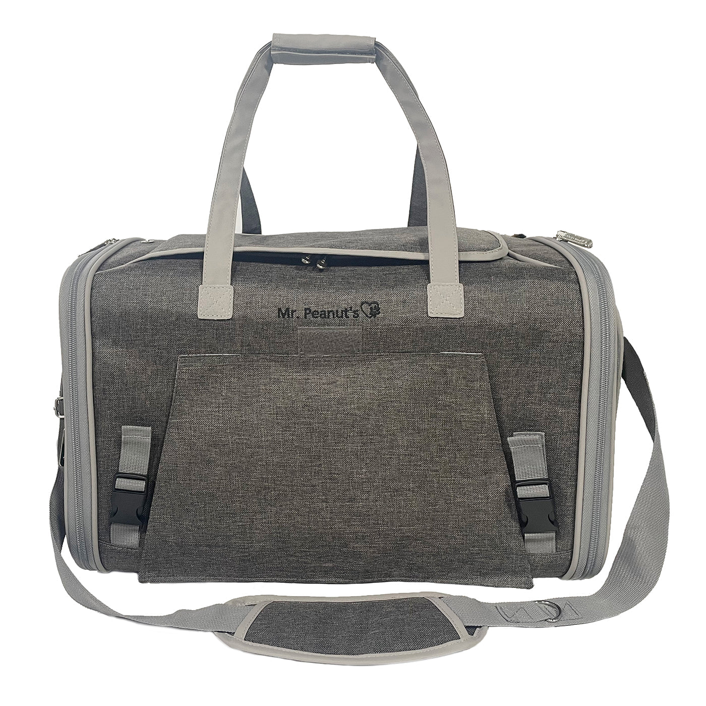 Gray duffel bag with straps on a white background