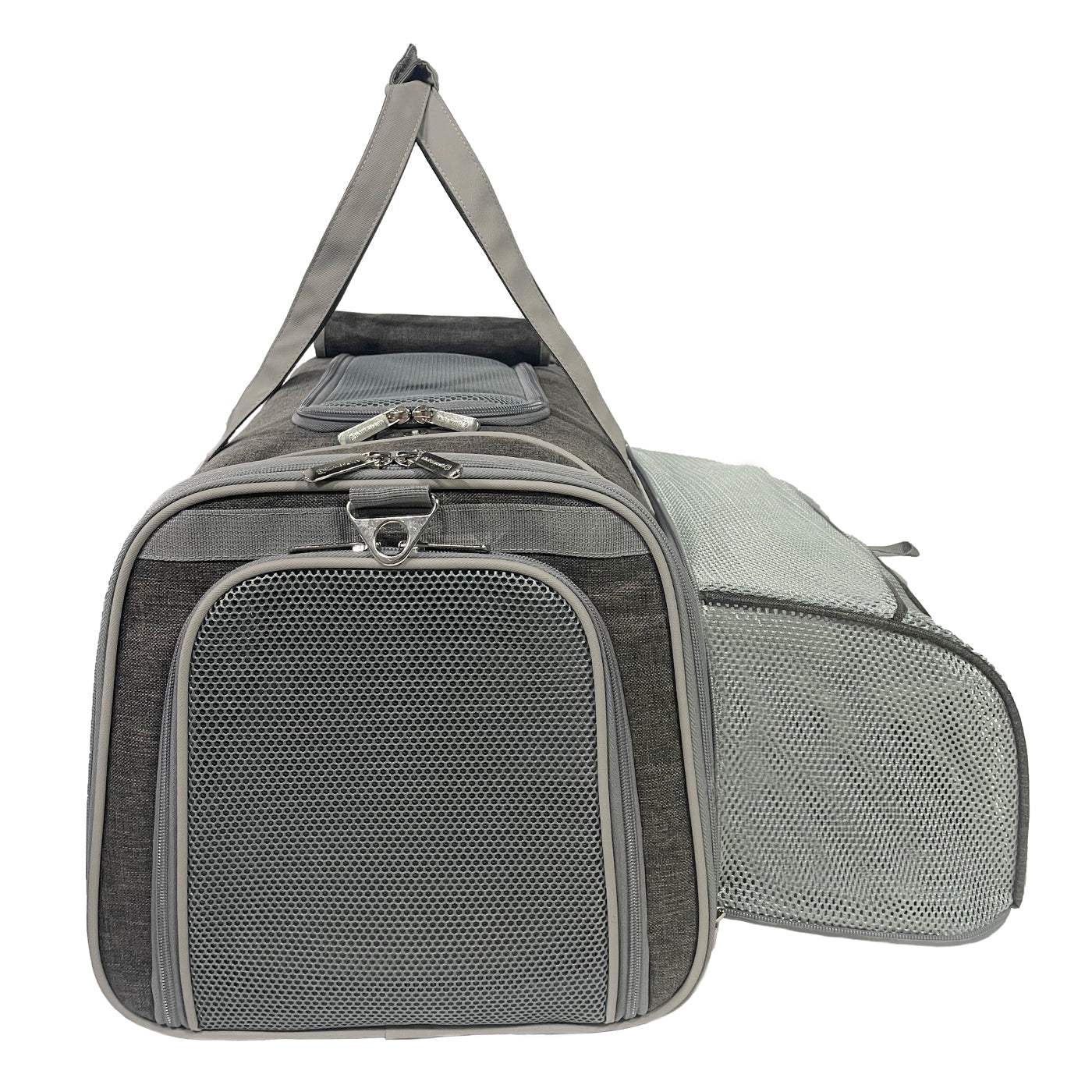 Gray pet carrier with mesh side on a white background